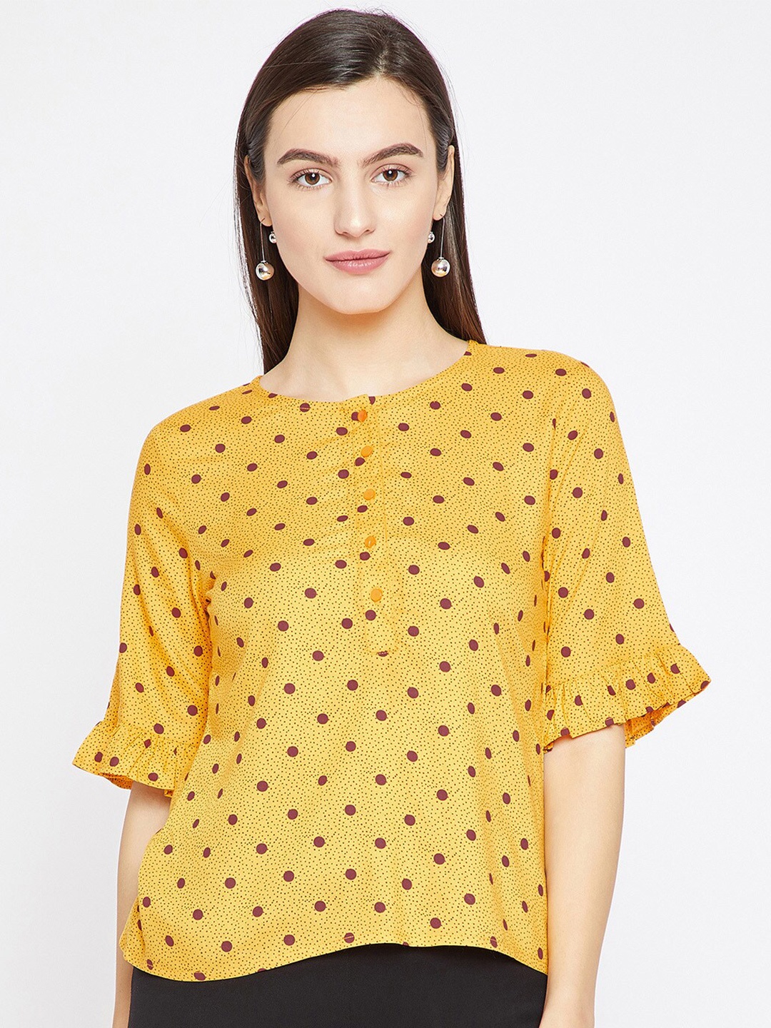 

RARE Yellow & Brown Polka Dot Printed Bell Sleeves Top