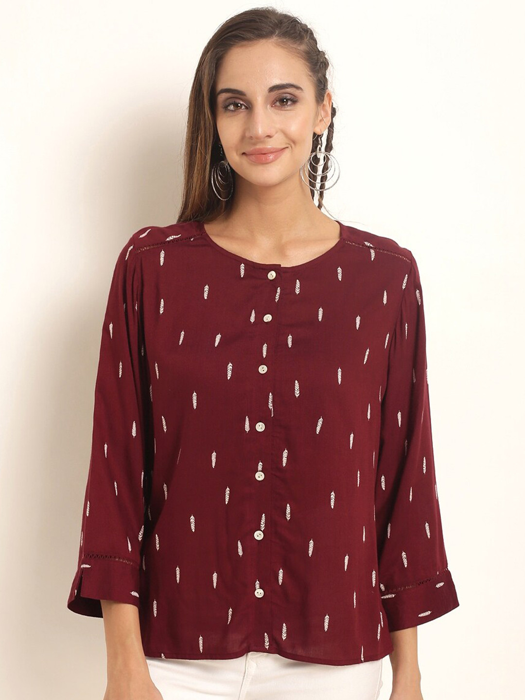 

RARE Maroon & White Printed Round Neck Top
