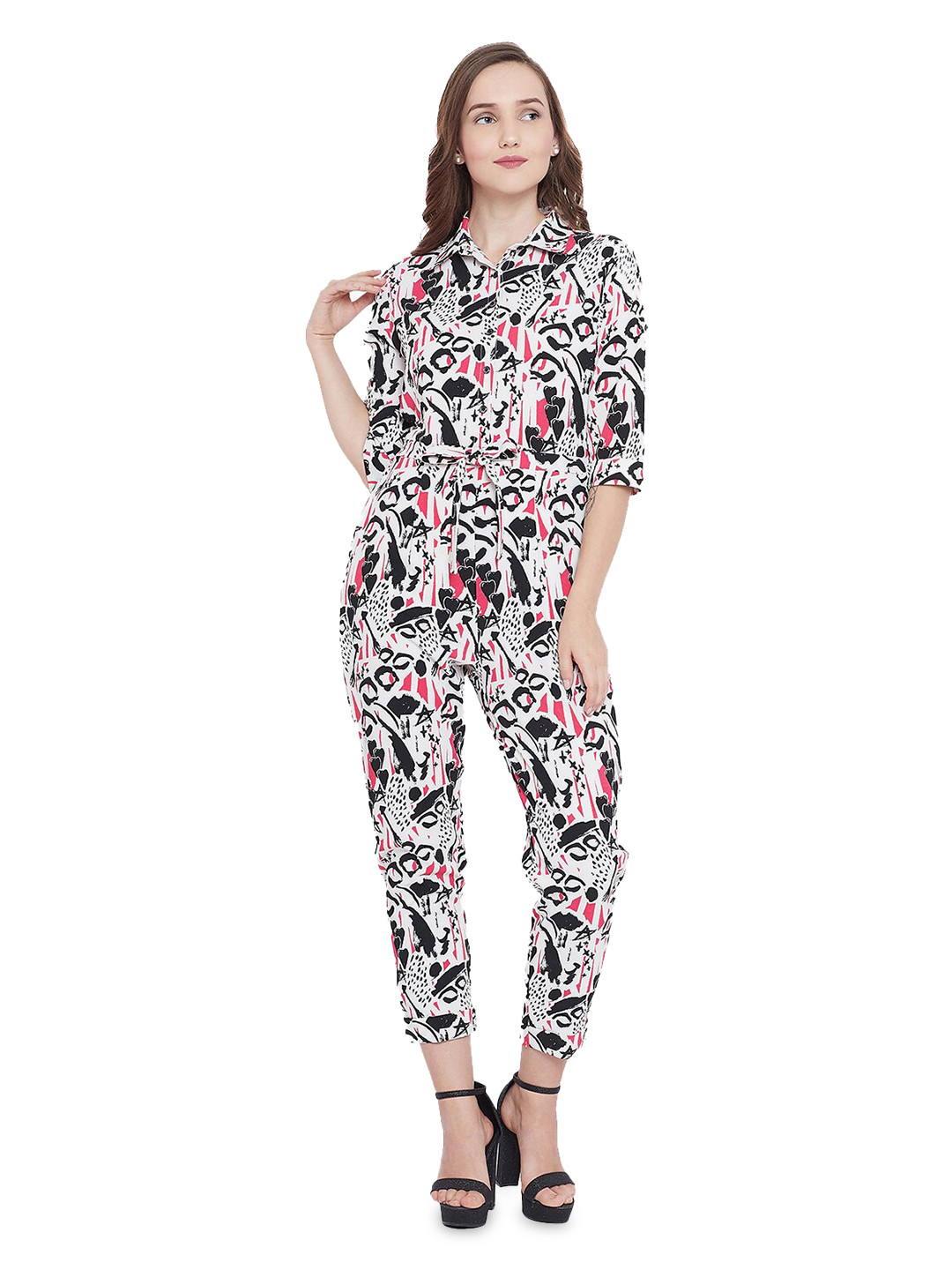 

CHILL WINSTON Shirt Collar Waist Tie-Up Abstract Printed Basic Jumpsuit, White