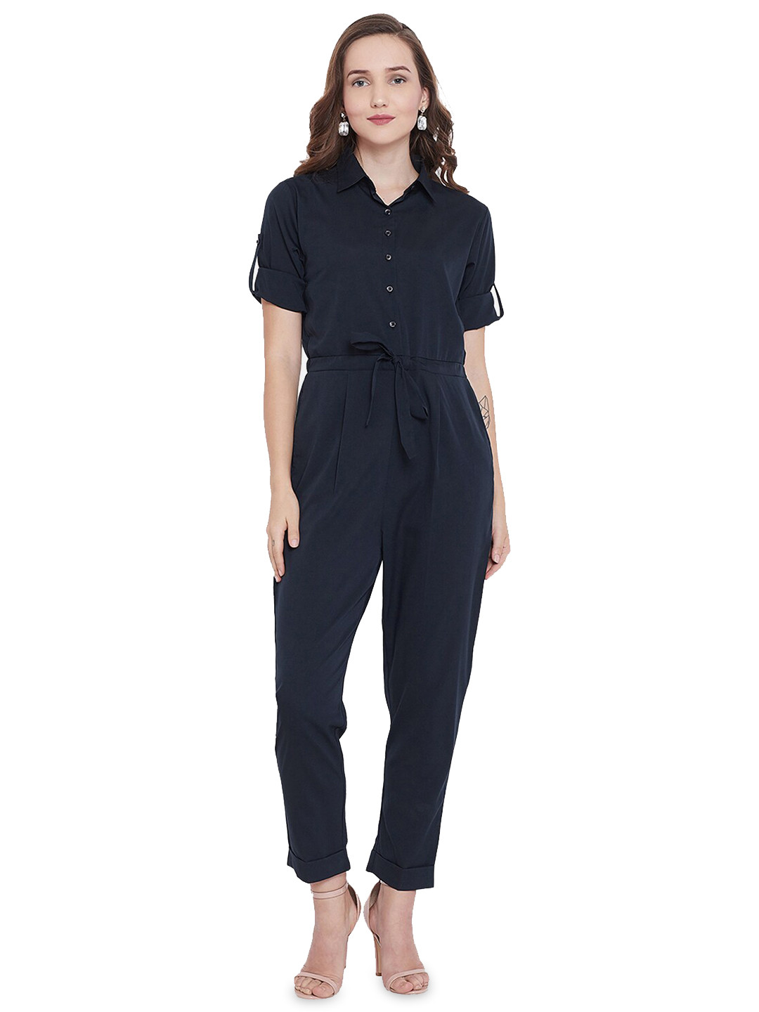 

CHILL WINSTON Shirt Collar Waist Tie-up Basic Jumpsuit, Navy blue