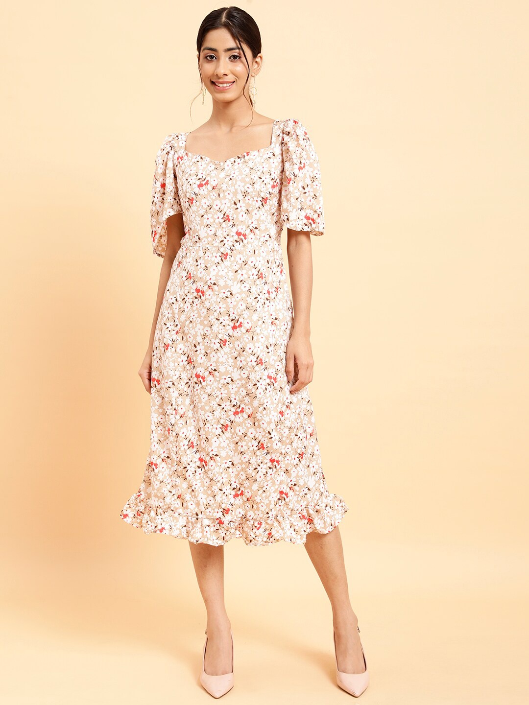 

MINT STREET Floral Print Crepe A-Line Dress, Cream