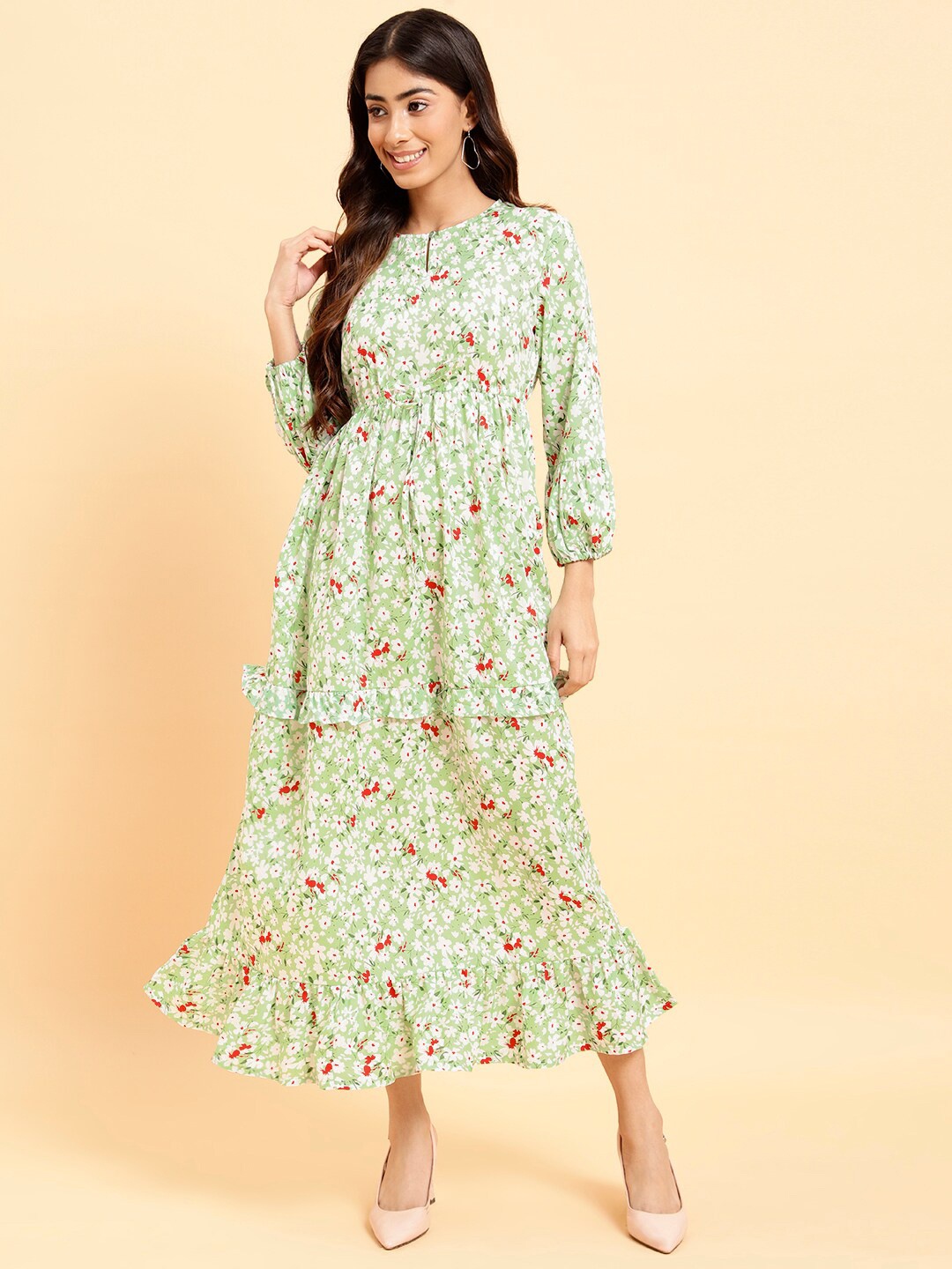 

MINT STREET Floral Print Bell Sleeve Crepe Maxi Dress, Green