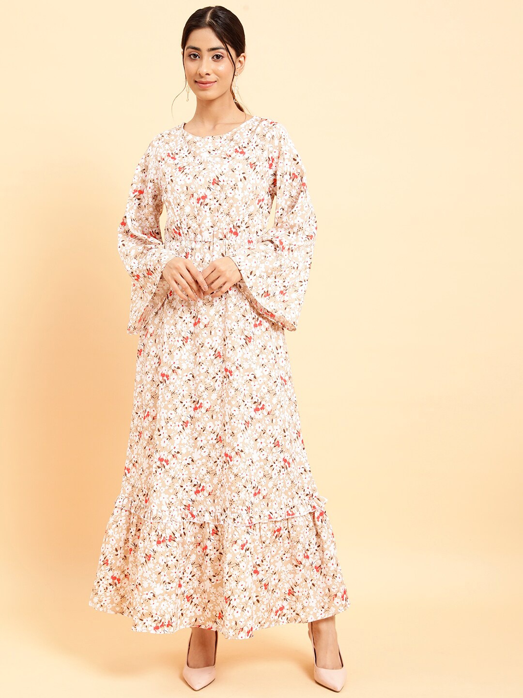 

MINT STREET Floral Printed Flared Sleeve Crepe Maxi Dress, Cream