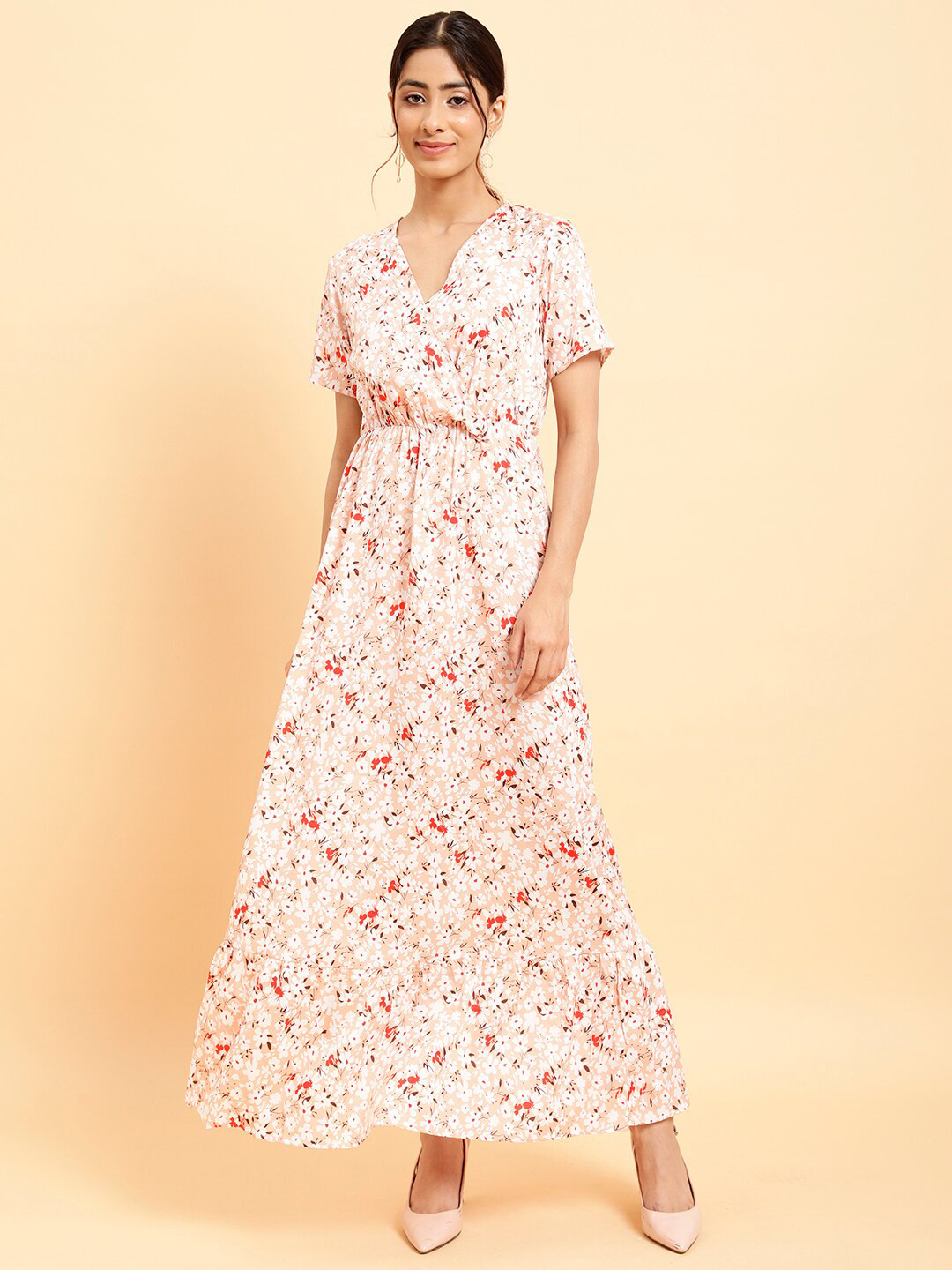 

MINT STREET V-Neck Floral Printed Crepe Maxi Dress, Cream
