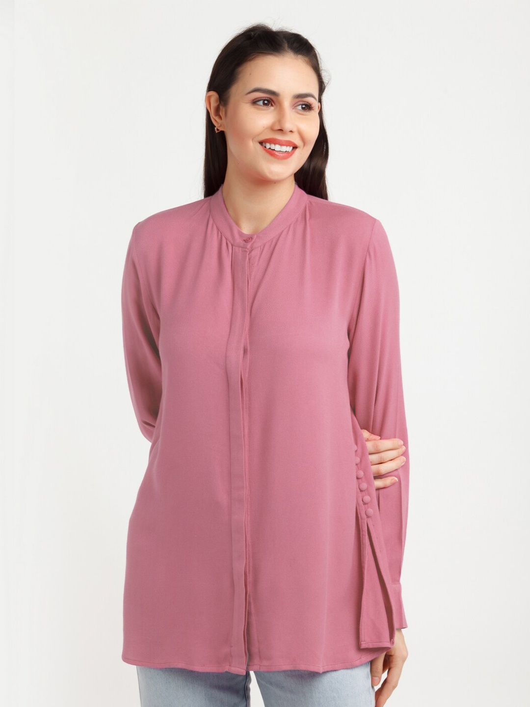 

Zink London Band Collar Longline Shirt, Pink