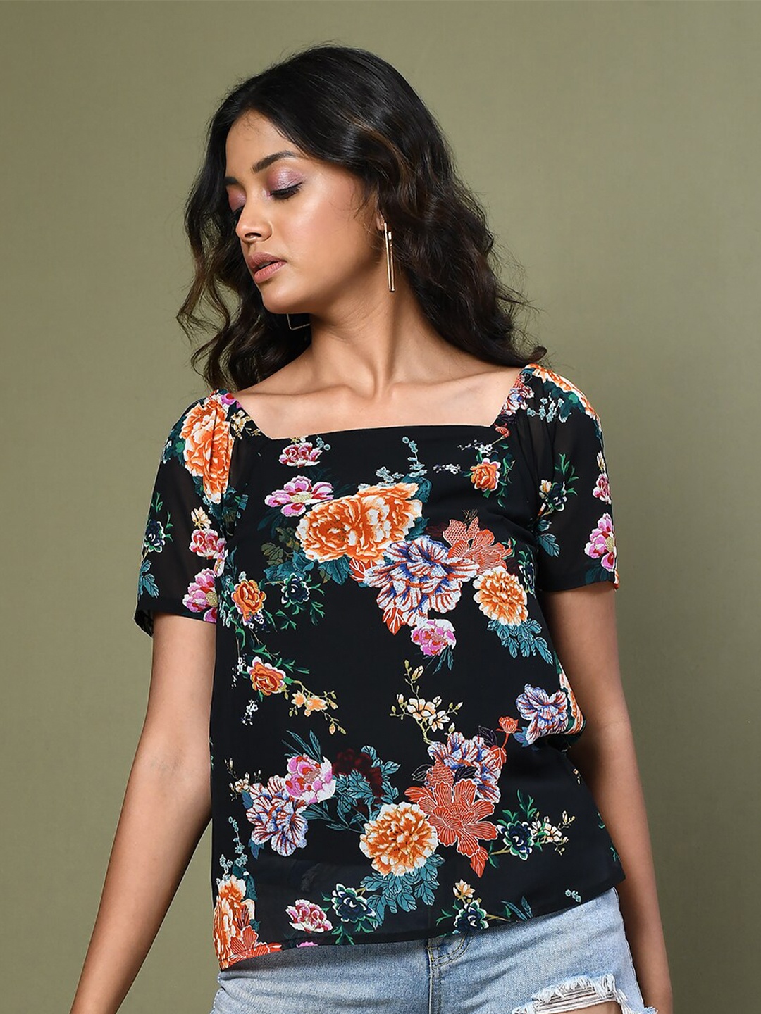 

Zink London Floral Printed Square Neck Top, Black