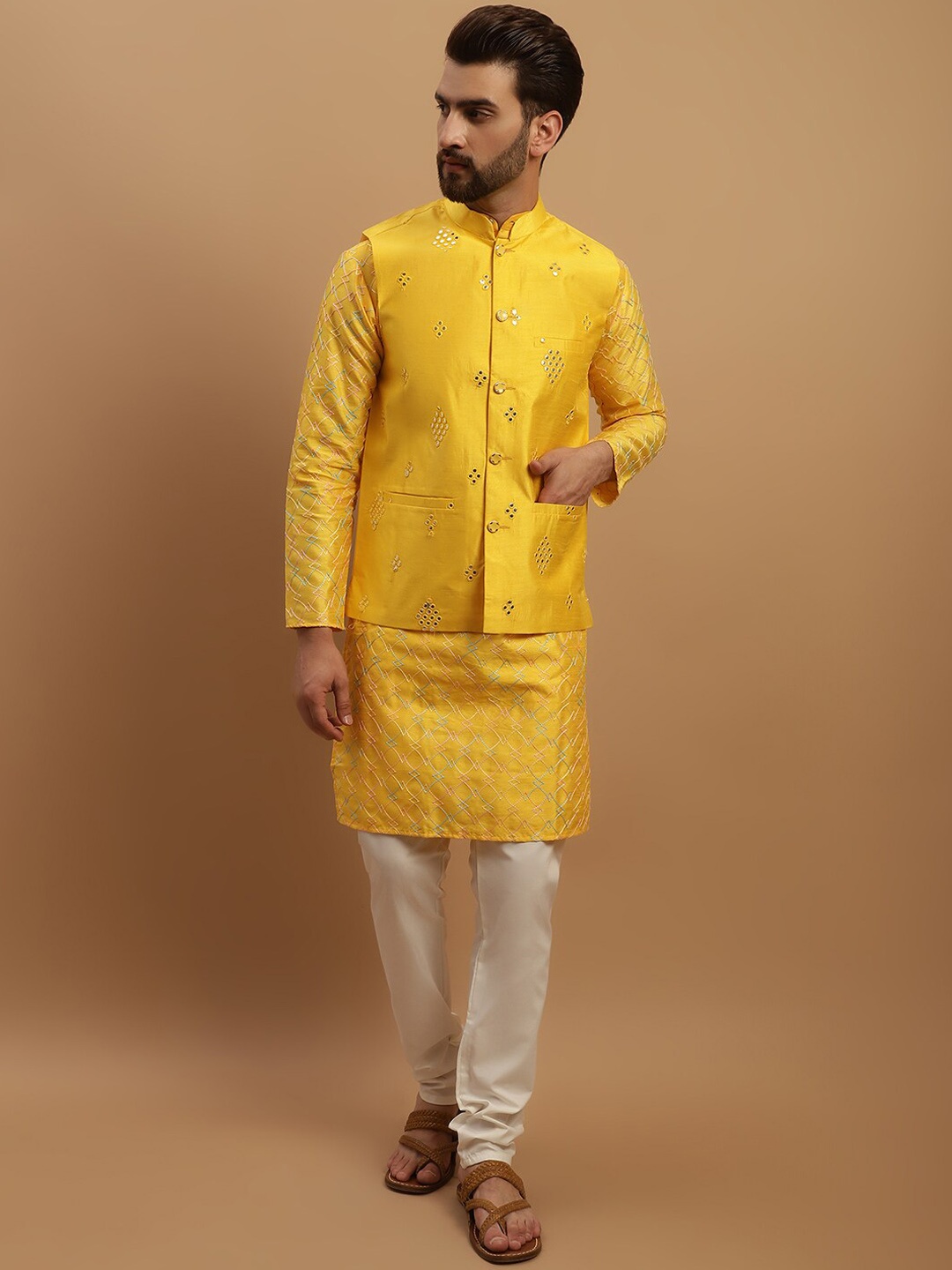 

SOJANYA Geometric Embroidered Regular Kurta with Churidar with Embellished Nehru Jacket, Mustard