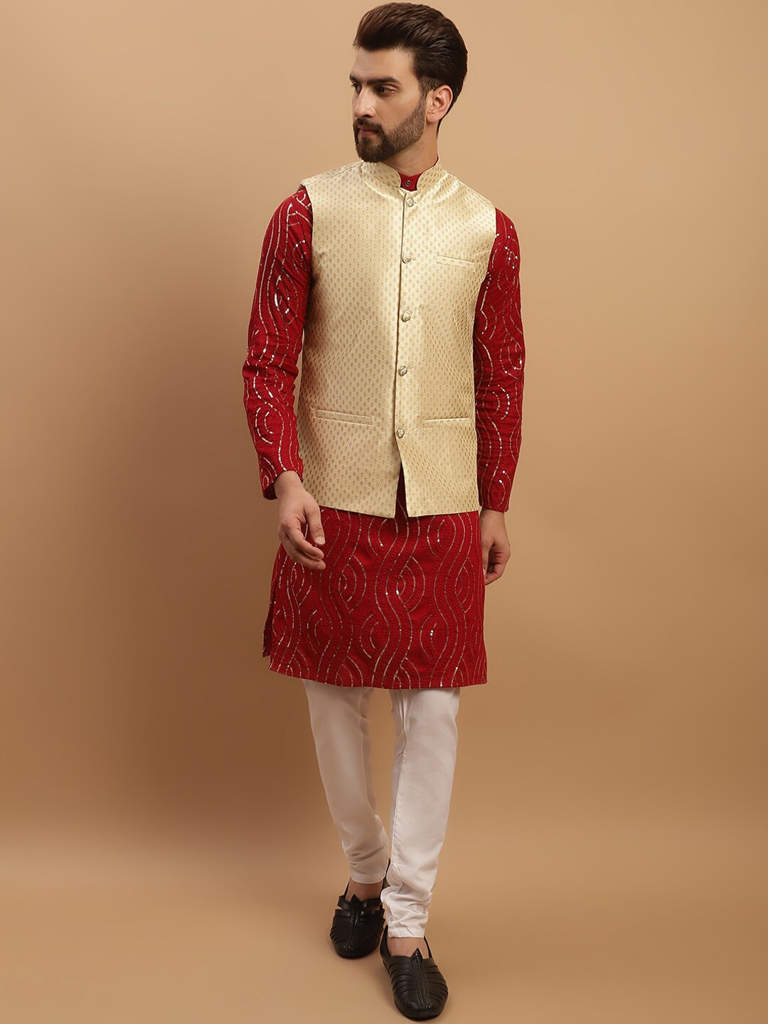 

SOJANYA Embeoidered Sequinned Pure Cotton Kurta with Churidar & Woven Design Nehru Jacket, Maroon