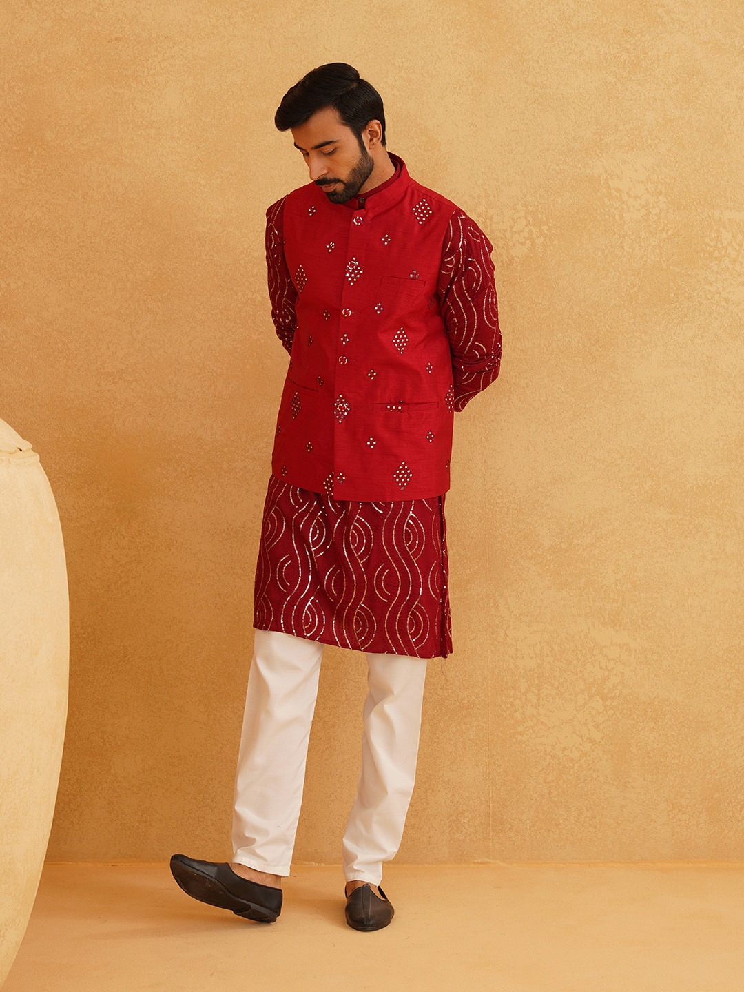 

SOJANYA Embeoidered Sequinned Pure Cotton Kurta with Churidar & Embellished Nehru Jacket, Maroon