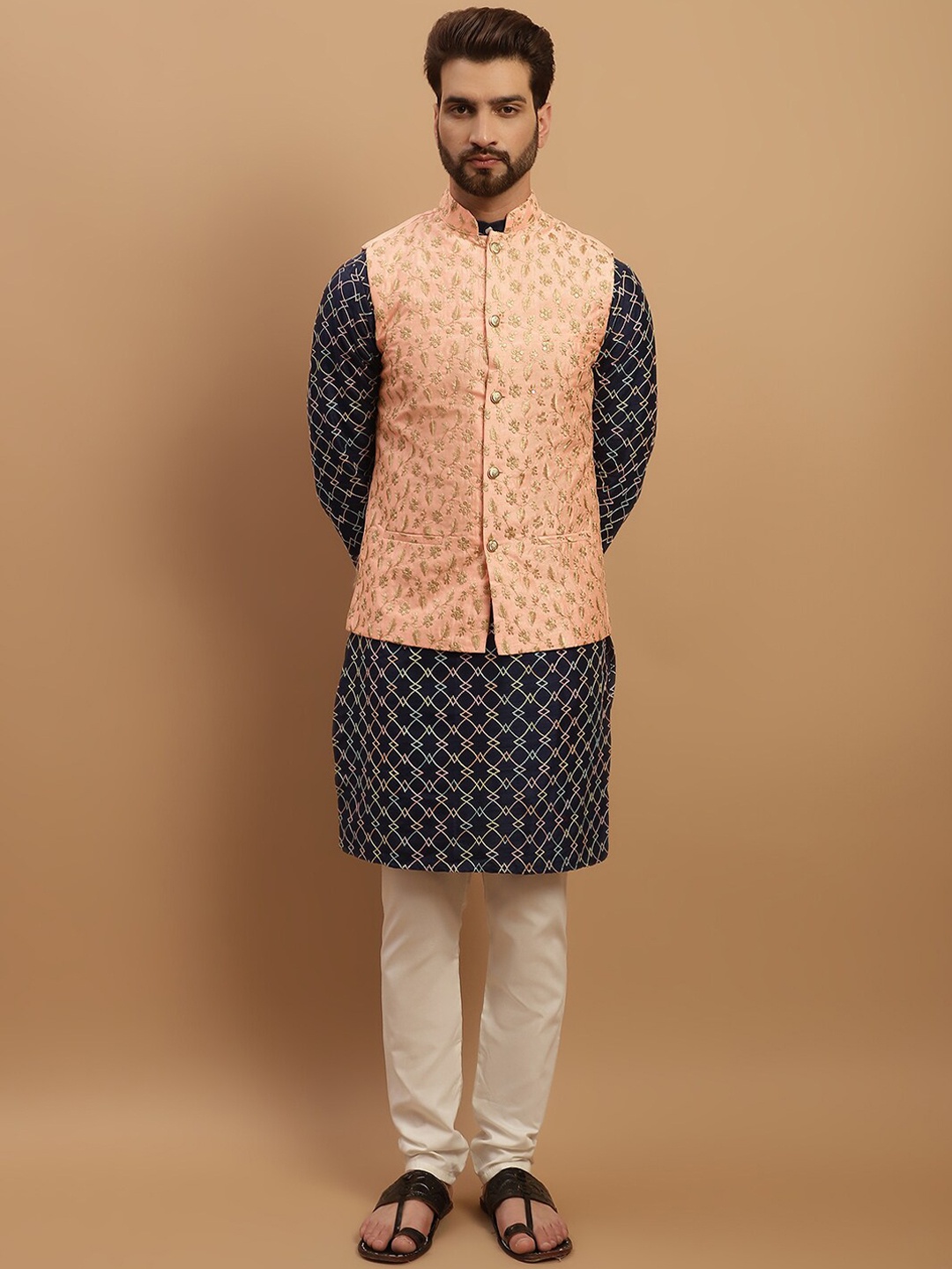 

SOJANYA Geometric Embroidered Regular Kurta with Churidar & Embroidered Nehru Jacket, Navy blue