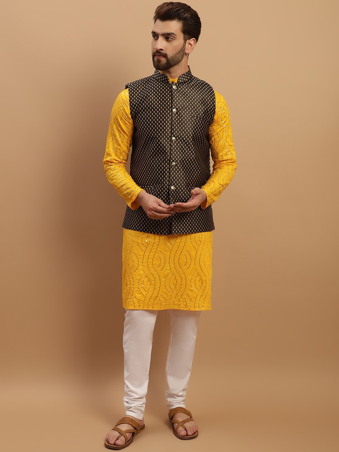 

SOJANYA Embeoidered Sequinned Pure Cotton Kurta with Churidar & Woven Design Nehru Jacket, Mustard