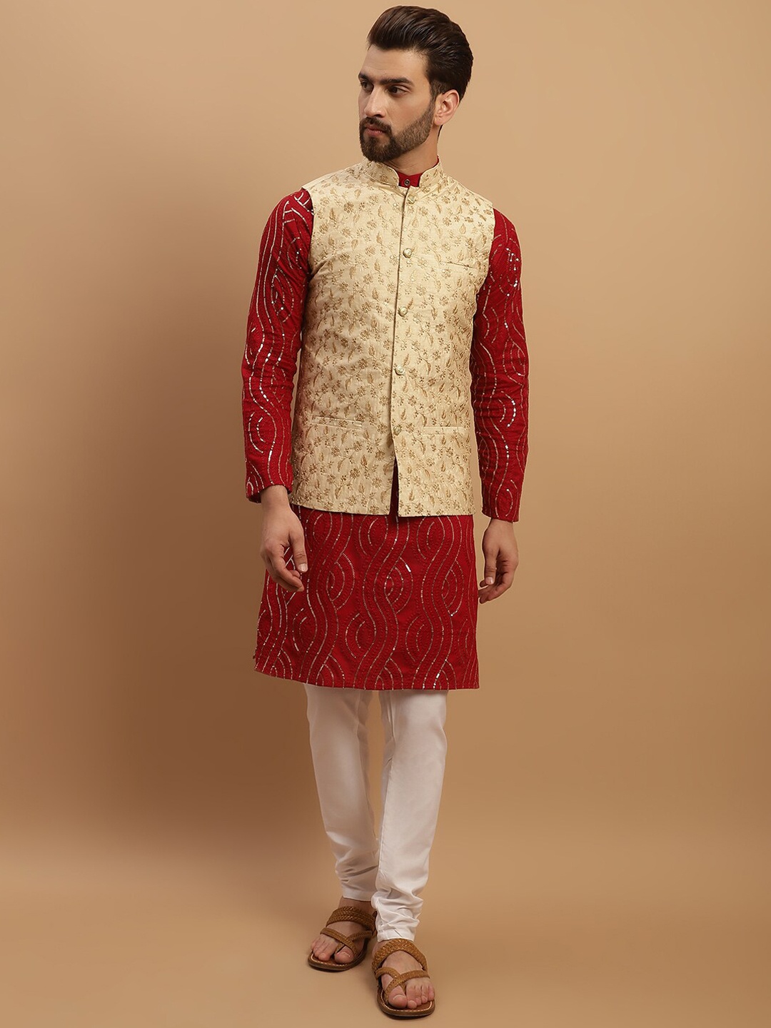 

SOJANYA Embroidered Sequinned Pure Cotton Kurta with Churidar & Embroidered Nehru Jacket, Maroon