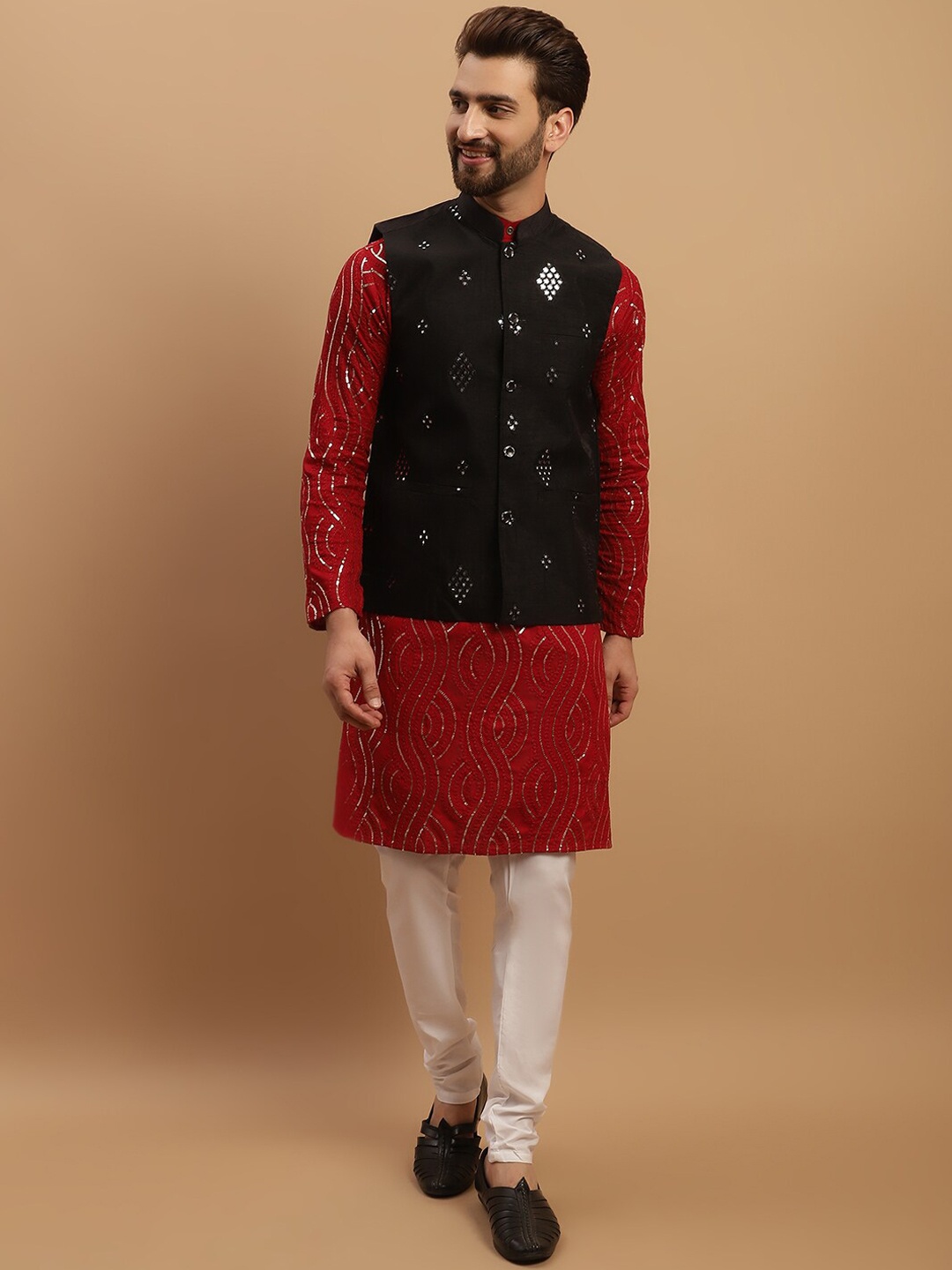 

SOJANYA Embroidered Sequinned Pure Cotton Kurta with Churidar & Embellished Nehru Jacket, Maroon