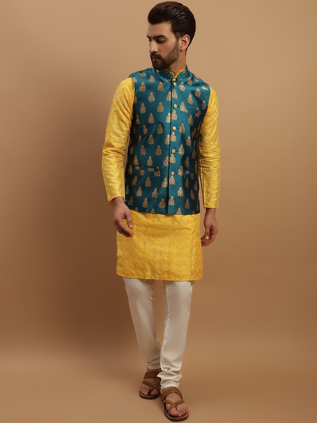 

SOJANYA Geometric Embroidered Regular Kurta with Churidar & Woven Design Nehru Jacket, Mustard