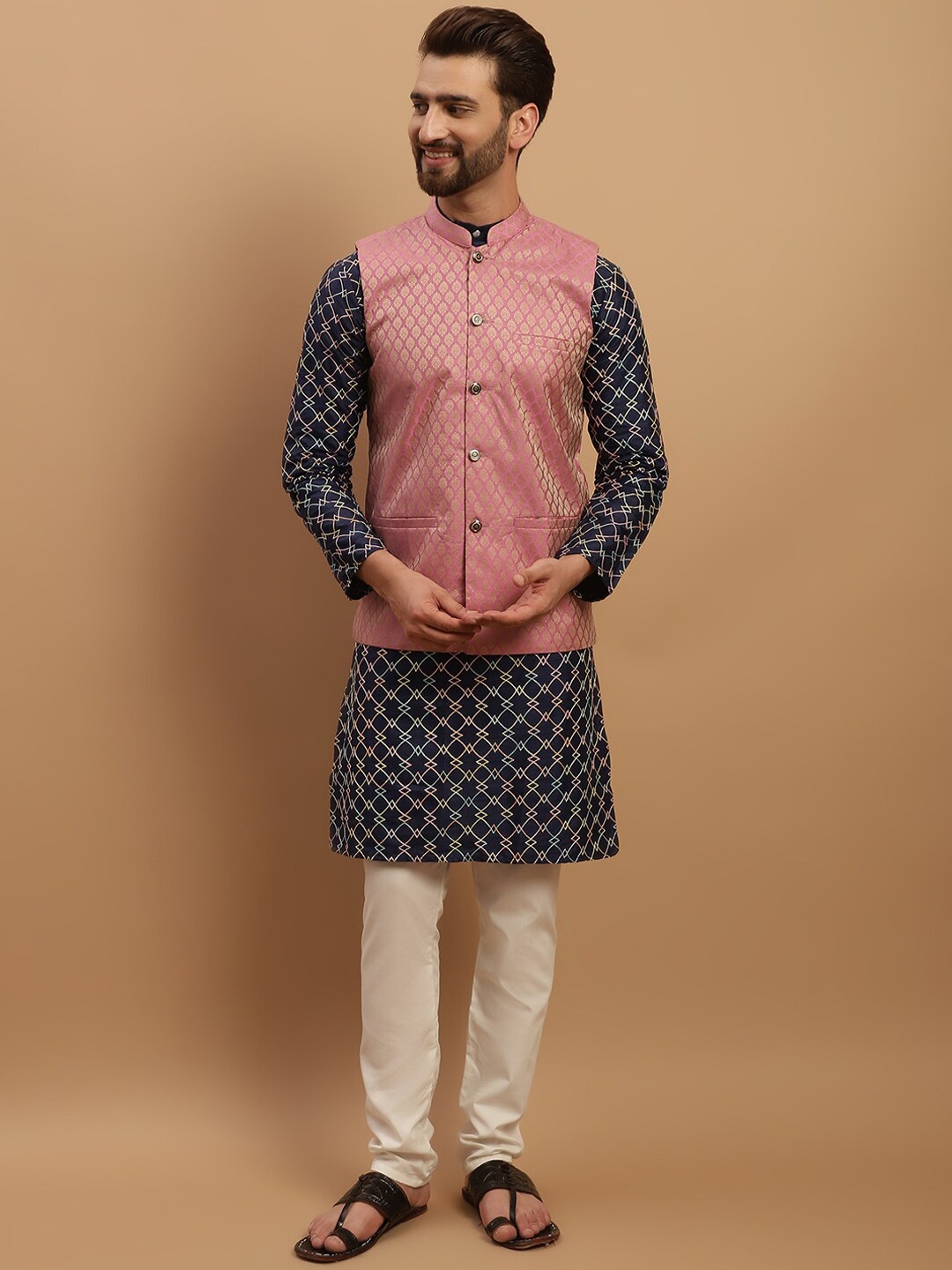 

SOJANYA Geometric Embroidered Regular Kurta with Churidar & Woven Design Nehru Jacket, Navy blue