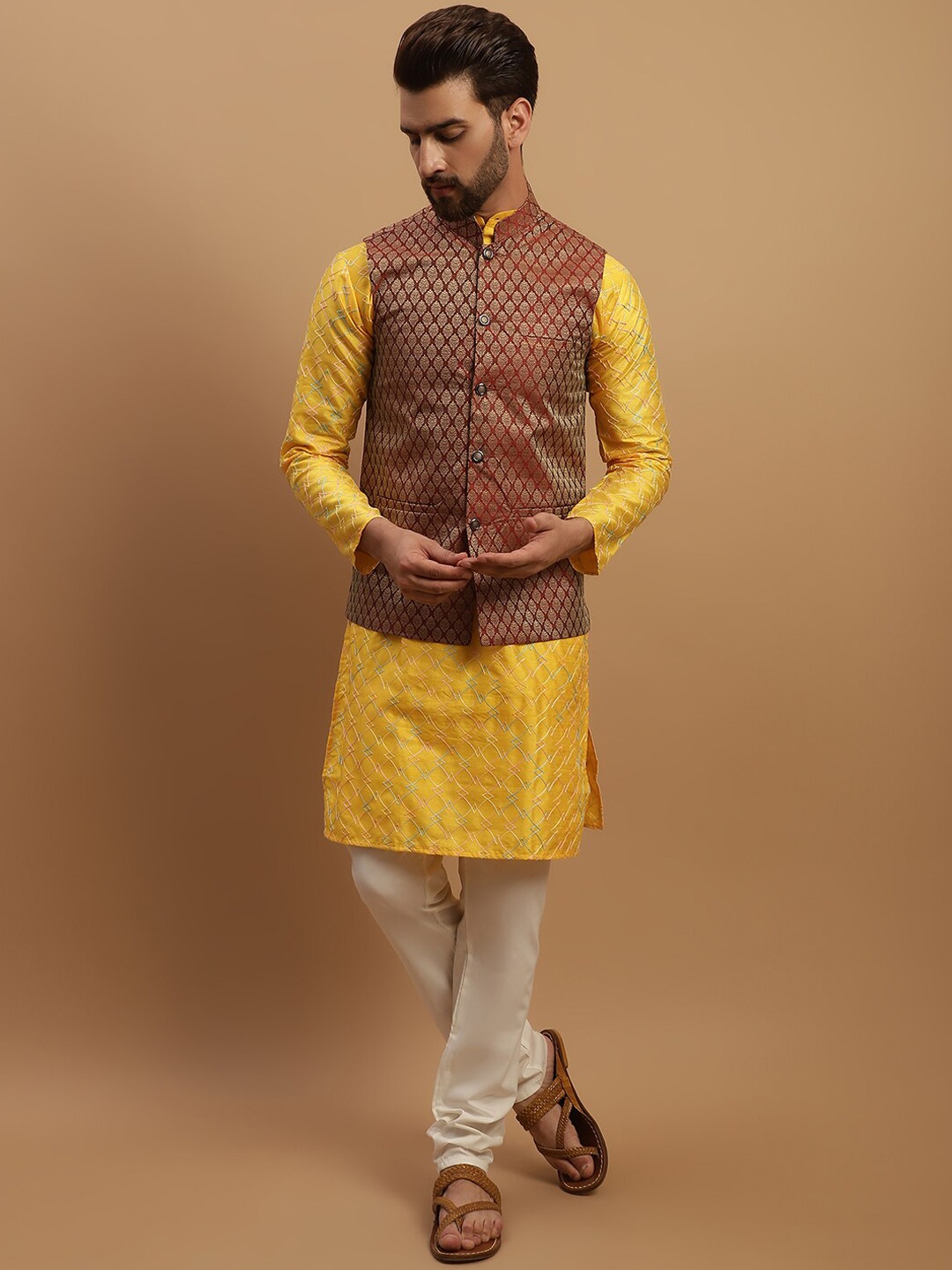 

SOJANYA Geometric Embroidered Regular Kurta with Churidar & Woven Design Nehru Jacket, Mustard