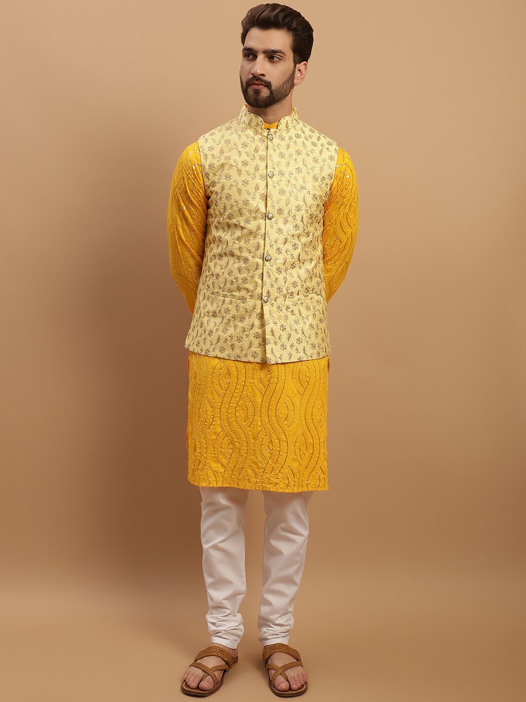 

SOJANYA Embroidered Sequinned Pure Cotton Kurta with Churidar & Embroidered Nehru Jacket, Mustard