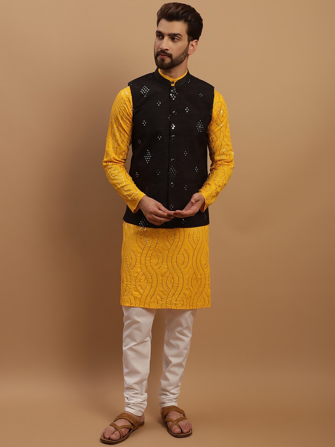 

SOJANYA Geometric Embroidered Regular Pure Cotton Kurta With Churidar & Nehru Jacket, Mustard
