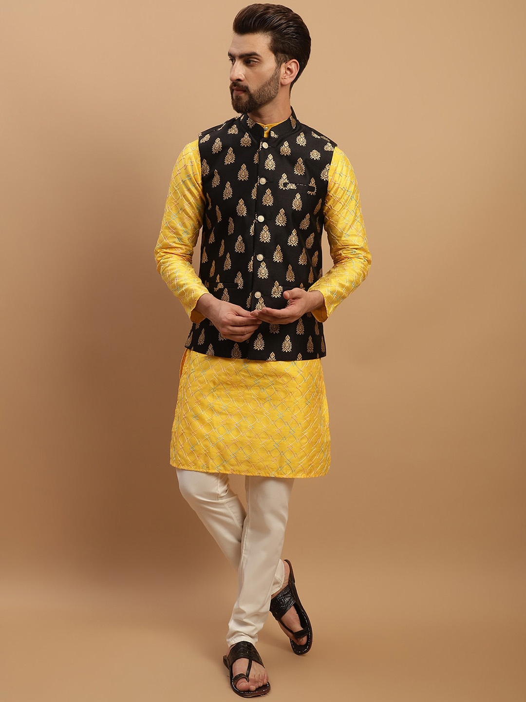 

SOJANYA Geometric Embroidered Regular Kurta with Churidar & Woven Design Nehru Jacket, Mustard