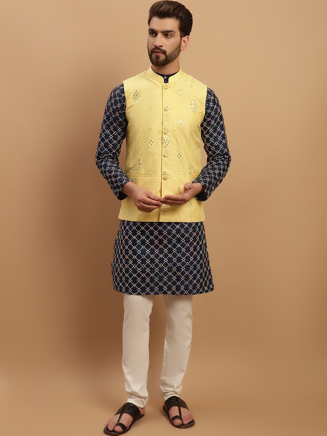 

SOJANYA Geometric Embroidered Regular Kurta with Churidar & Embellished Nehru Jacket, Navy blue