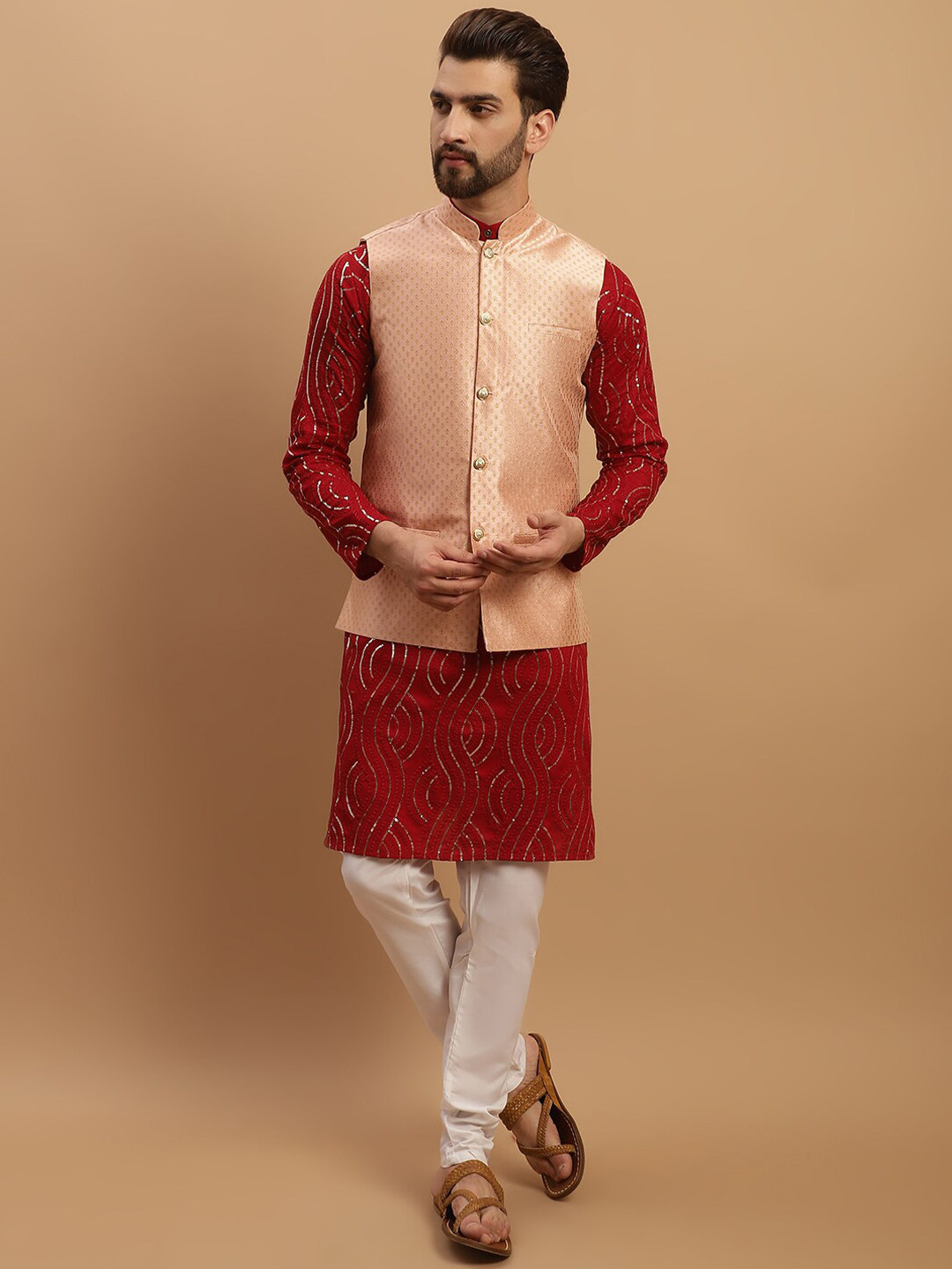 

SOJANYA Embroidered Sequinned Pure Cotton Kurta with Churidar & Woven Design Nehru Jacket, Maroon