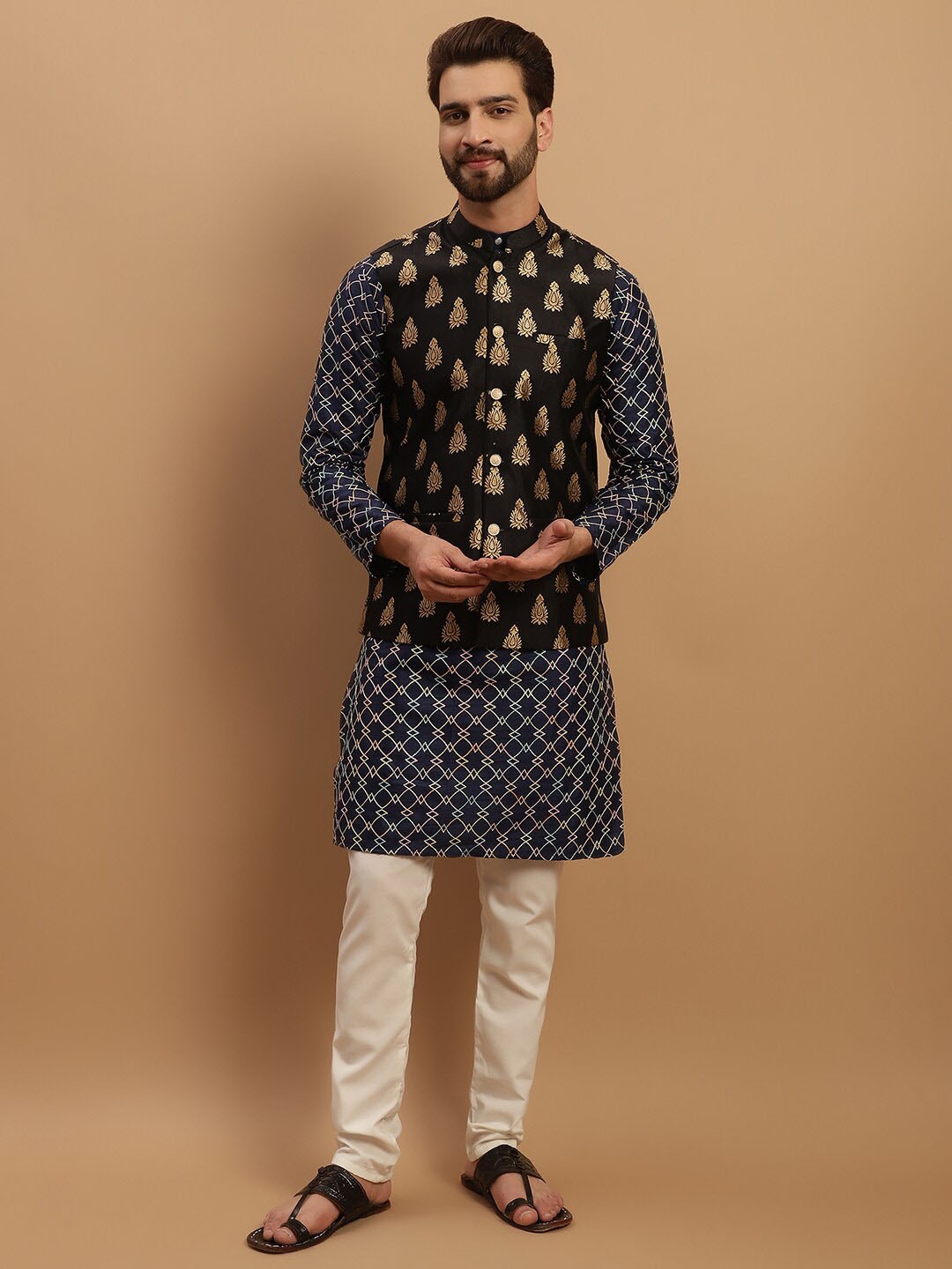 

SOJANYA Ethnic Motifs Embroidered Kurta with Churidar & Nehru Jacket, Navy blue