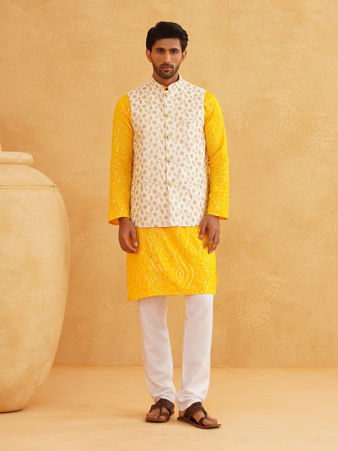 

SOJANYA Ethnic Motifs Embroidered Sequined Pure Cotton Kurta with Churidar & Nehru Jacket, Yellow