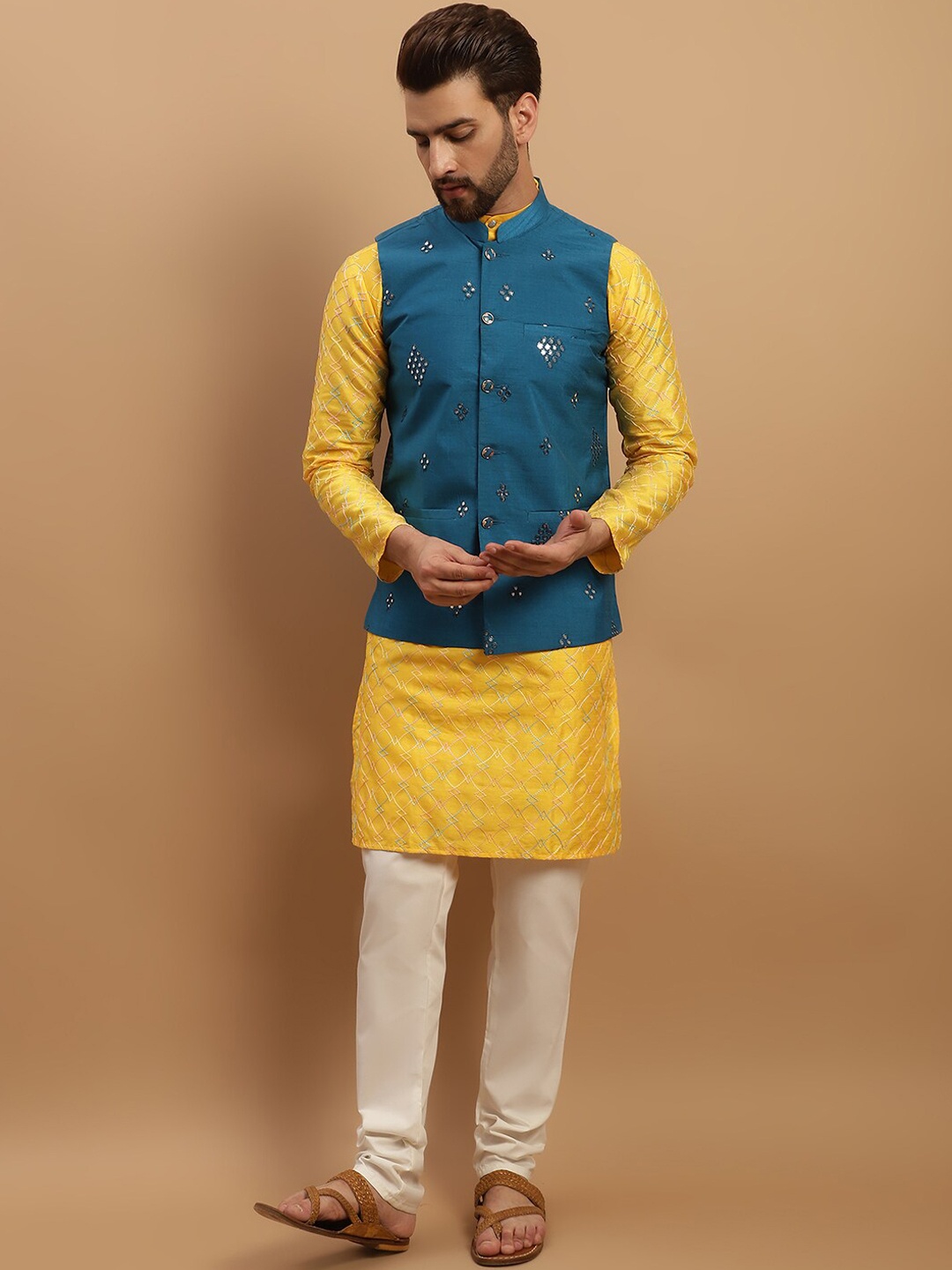 

SOJANYA Ethnic Motifs Embroidered Kurta with Churidar & Nehru Jacket, Yellow
