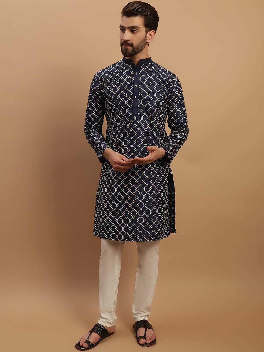 

SOJANYA Ethnic Motifs Embroidered Kurta with Churidar & Nehru Jacket, Navy blue