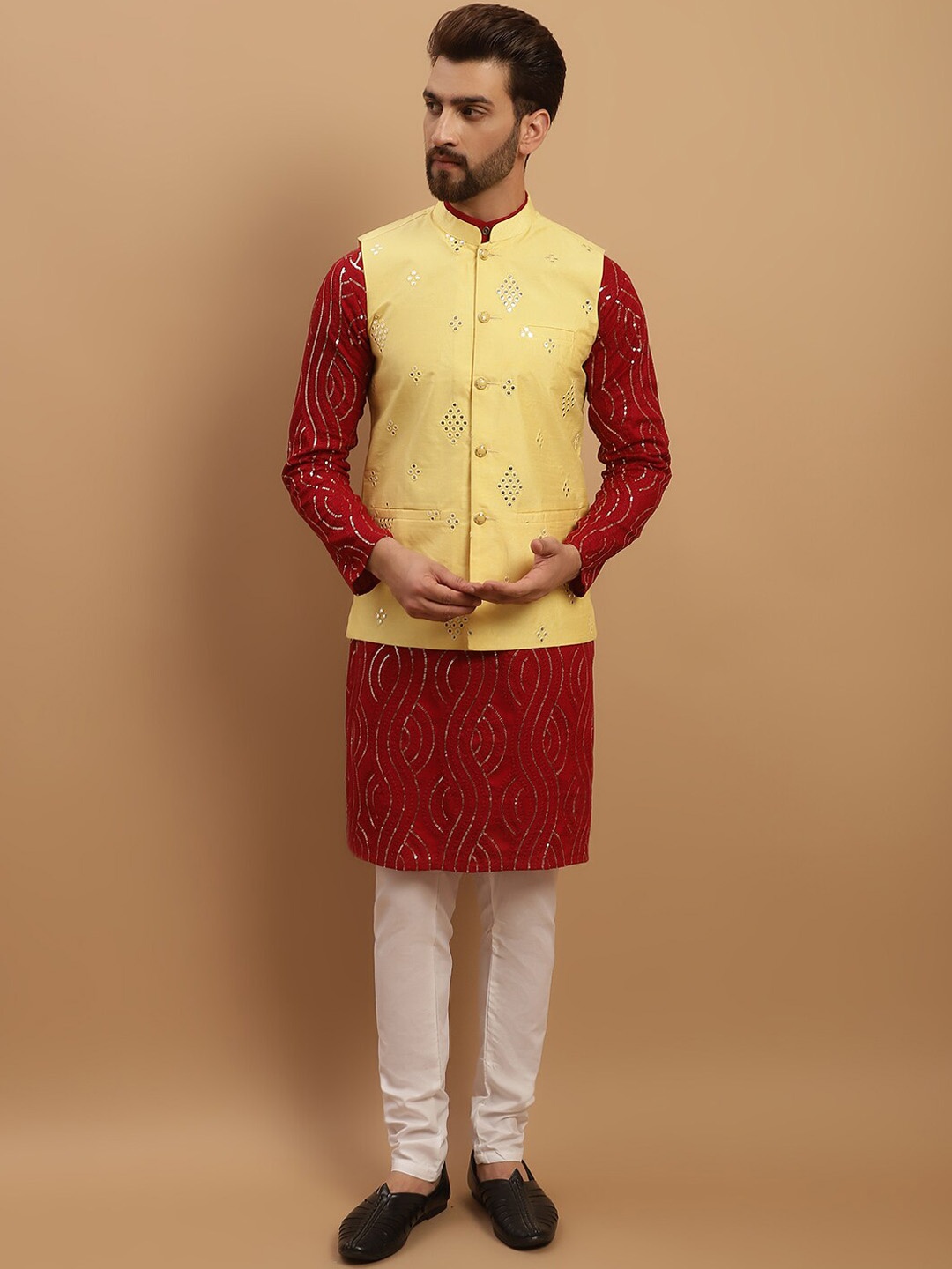 

SOJANYA Ethnic Motifs Embroidered Sequined Pure Cotton Kurta with Churidar & Nehru Jacket, Maroon
