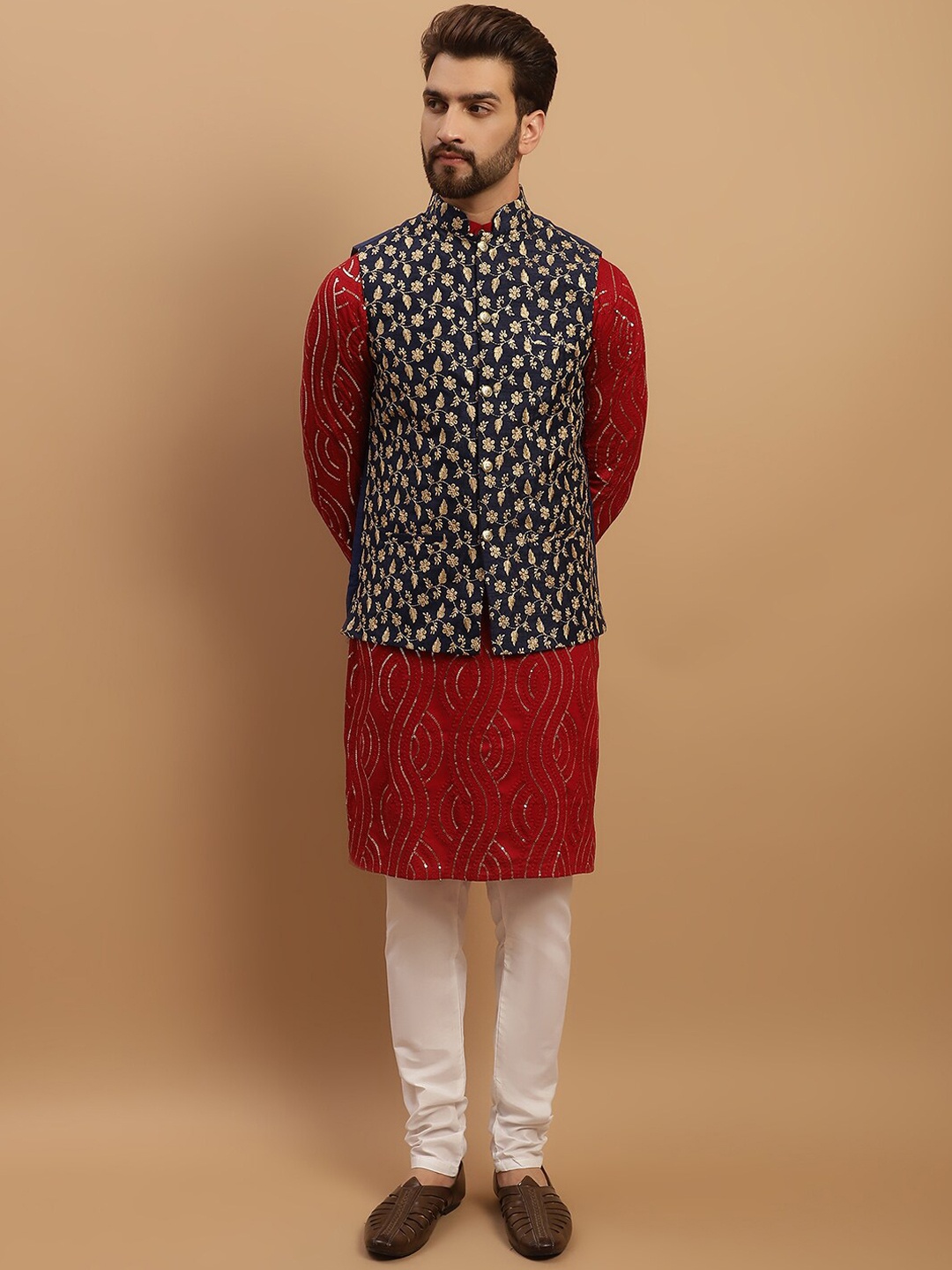 

SOJANYA Ethnic Motifs Embroidered Sequined Pure Cotton Kurta with Churidar & Nehru Jacket, Maroon