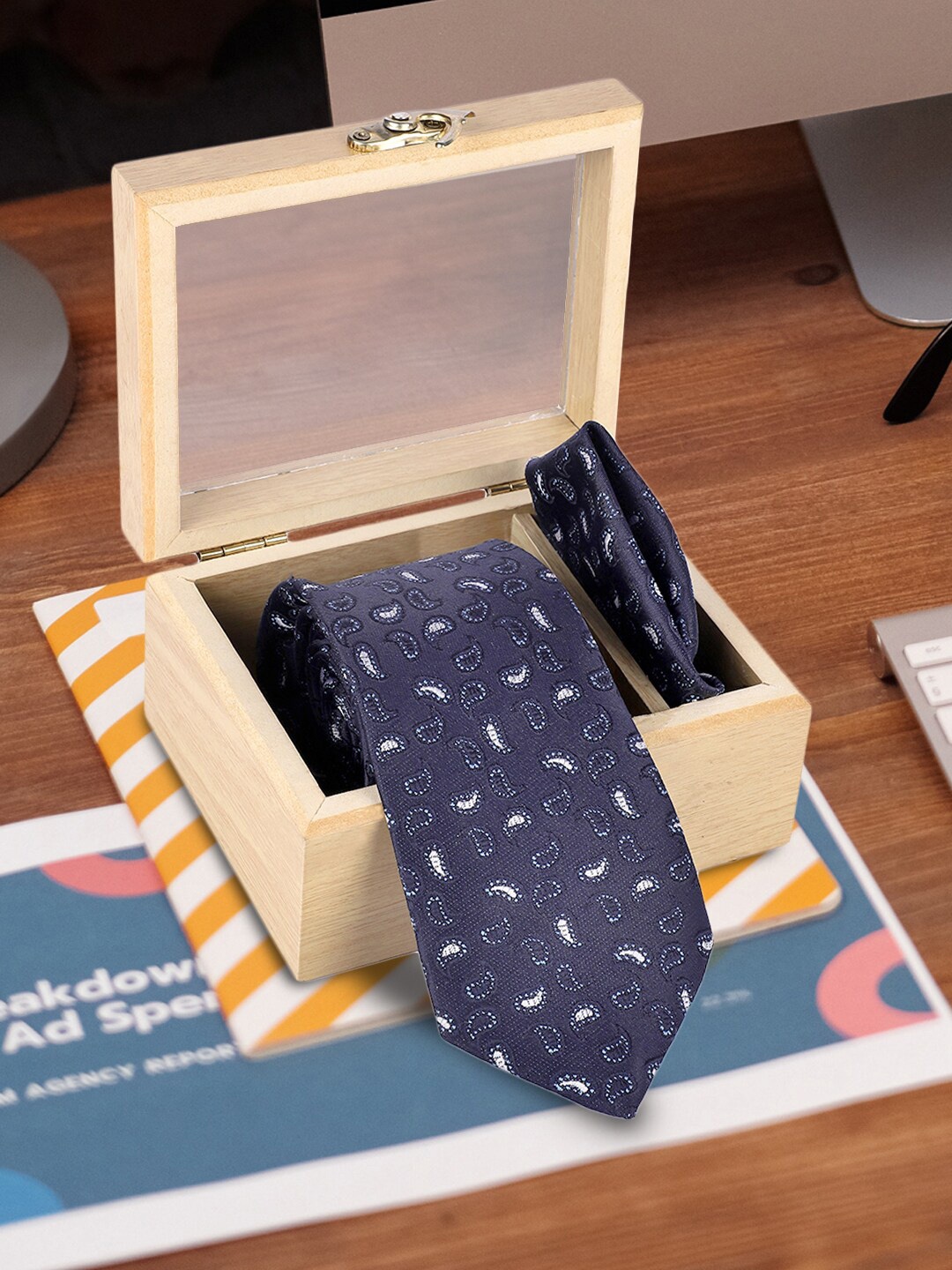 

Kastner Men Woven Design Tie and Pocket Square, Navy blue