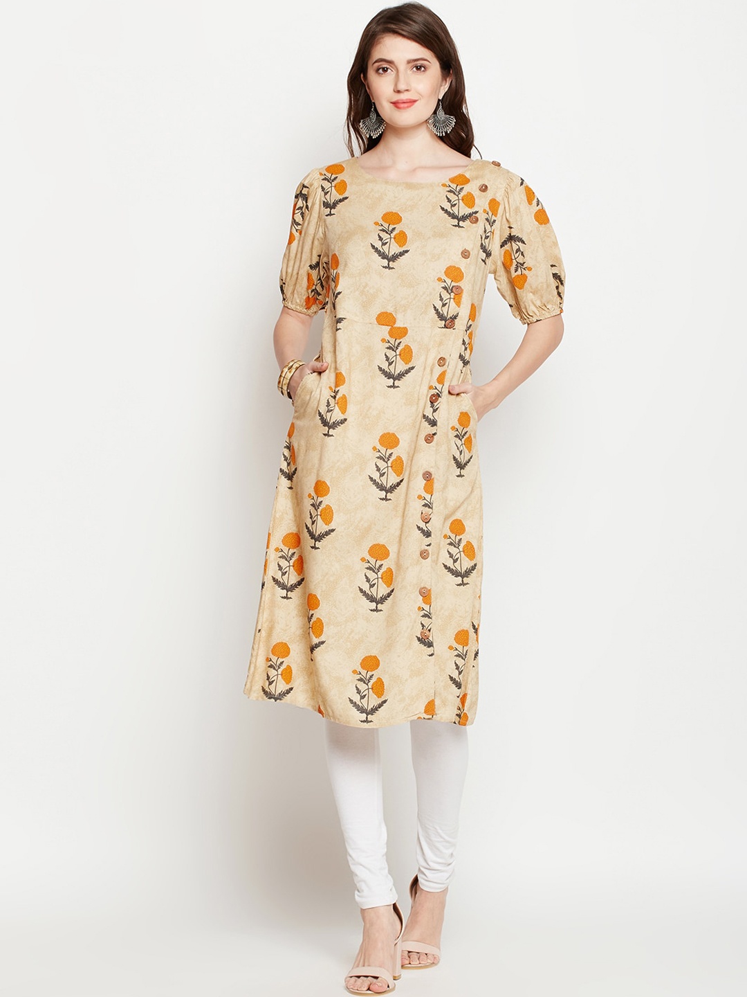 

RARE Beige & Orange Floral Printed Puff Sleeves Kurta