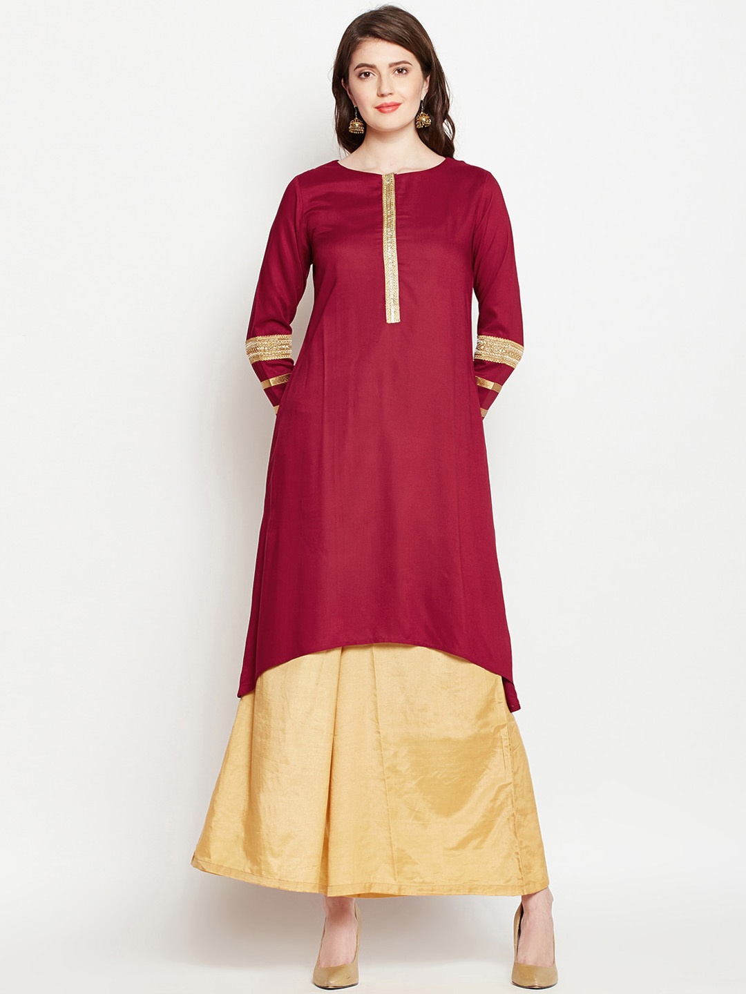 

RARE Maroon & Gold Yoke Design Gotta Patti High-Low Kurta