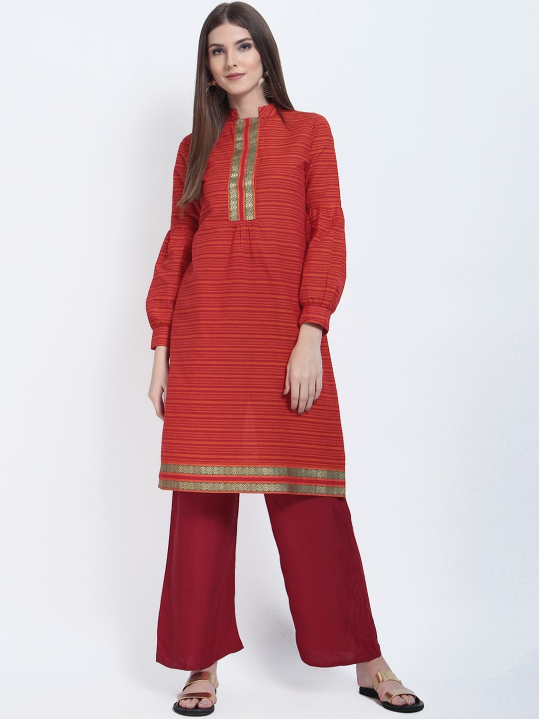 

RARE Red & Orange Striped Mandarin Collar Gotta Patti Pure Cotton Kurta