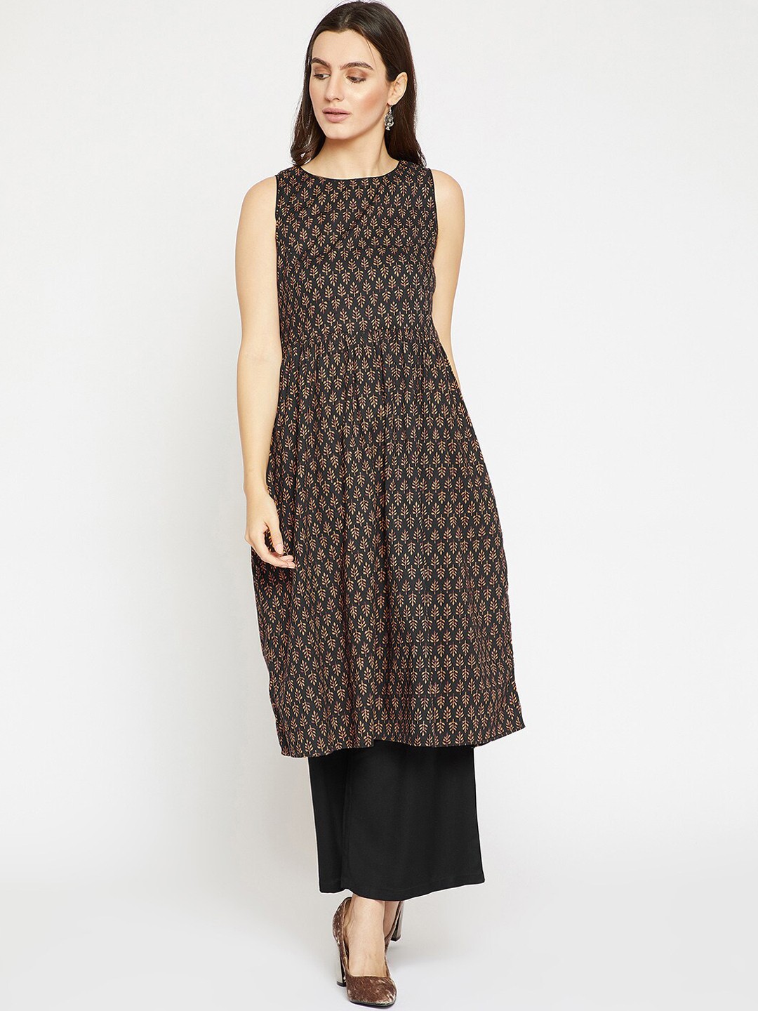 

RARE Black & Brown Ethnic Motif Printed Empire Pure Cotton Kurta With Palazzos