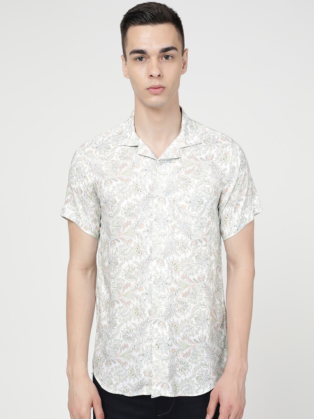 

FRENCH CROWN Standard Floral Printed Half Sleeve Casual Shirt, White