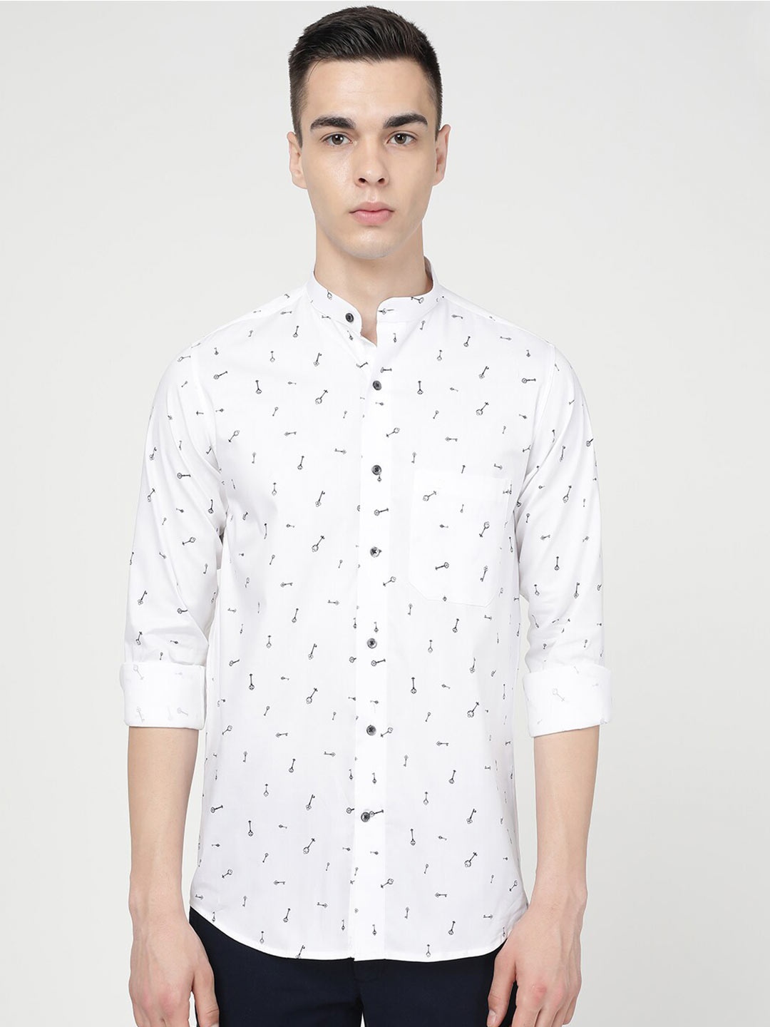 

FRENCH CROWN Standard Mandarin Collar Printed Casual Shirt, Black