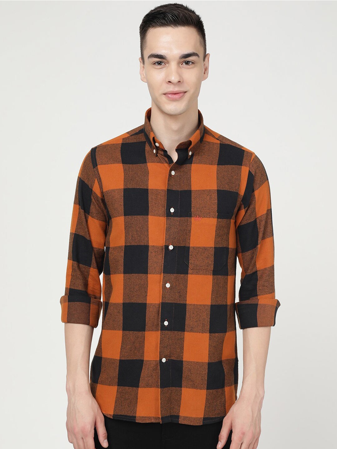 

FRENCH CROWN Men Orange Standard Buffalo Checks Opaque Checked Casual Shirt