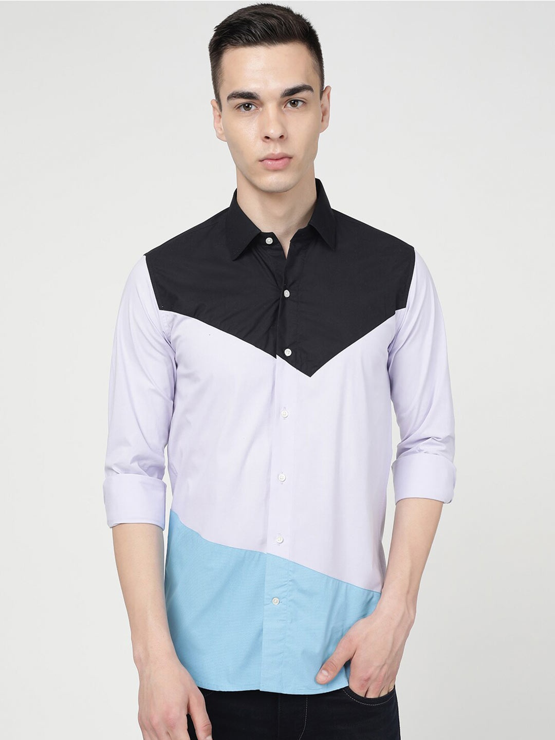 

FRENCH CROWN Colorblocked Standard Opaque Cotton Casual Shirt, Navy blue