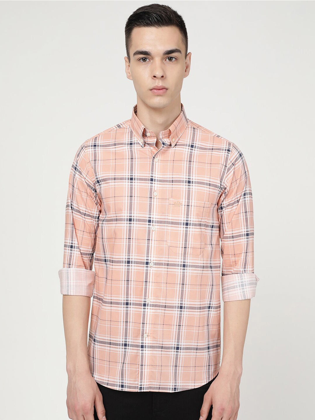 

FRENCH CROWN Standard Tartan Checked Cotton Casual Shirt, Orange