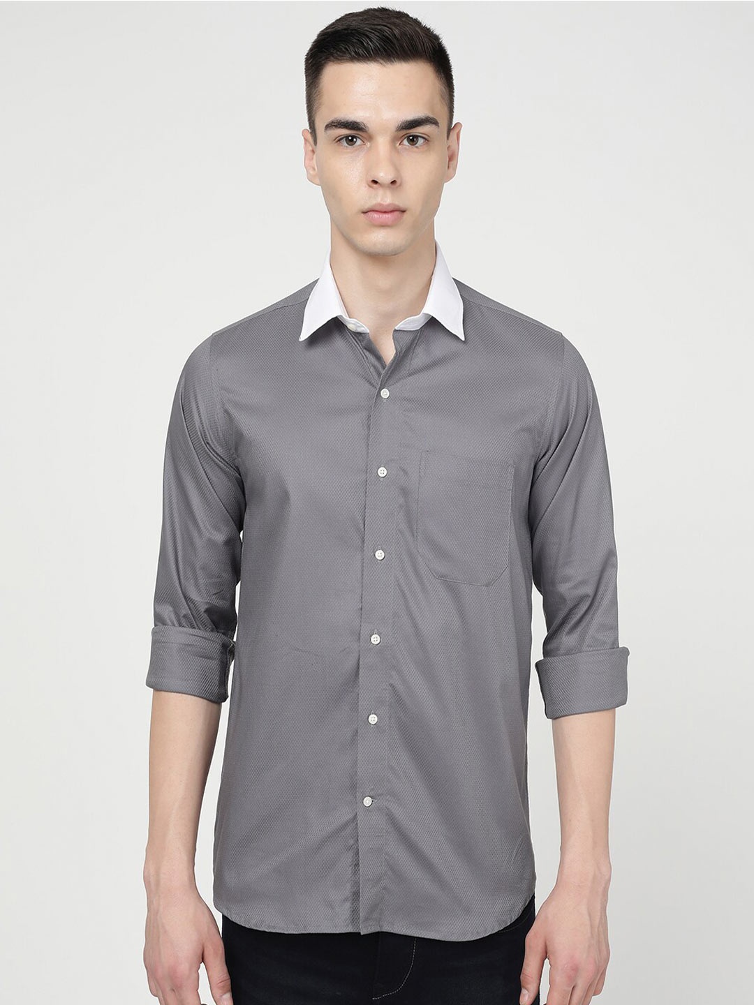 

FRENCH CROWN Standard Opaque Textured Cotton Casual Shirt, Grey