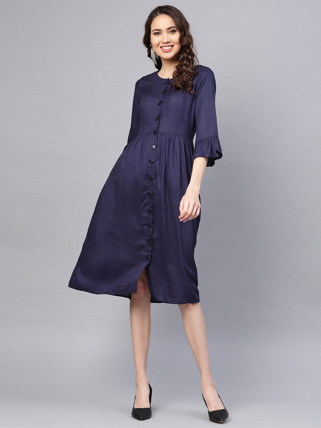 

RARE Navy Blue Bell Sleeve A-Line Dress