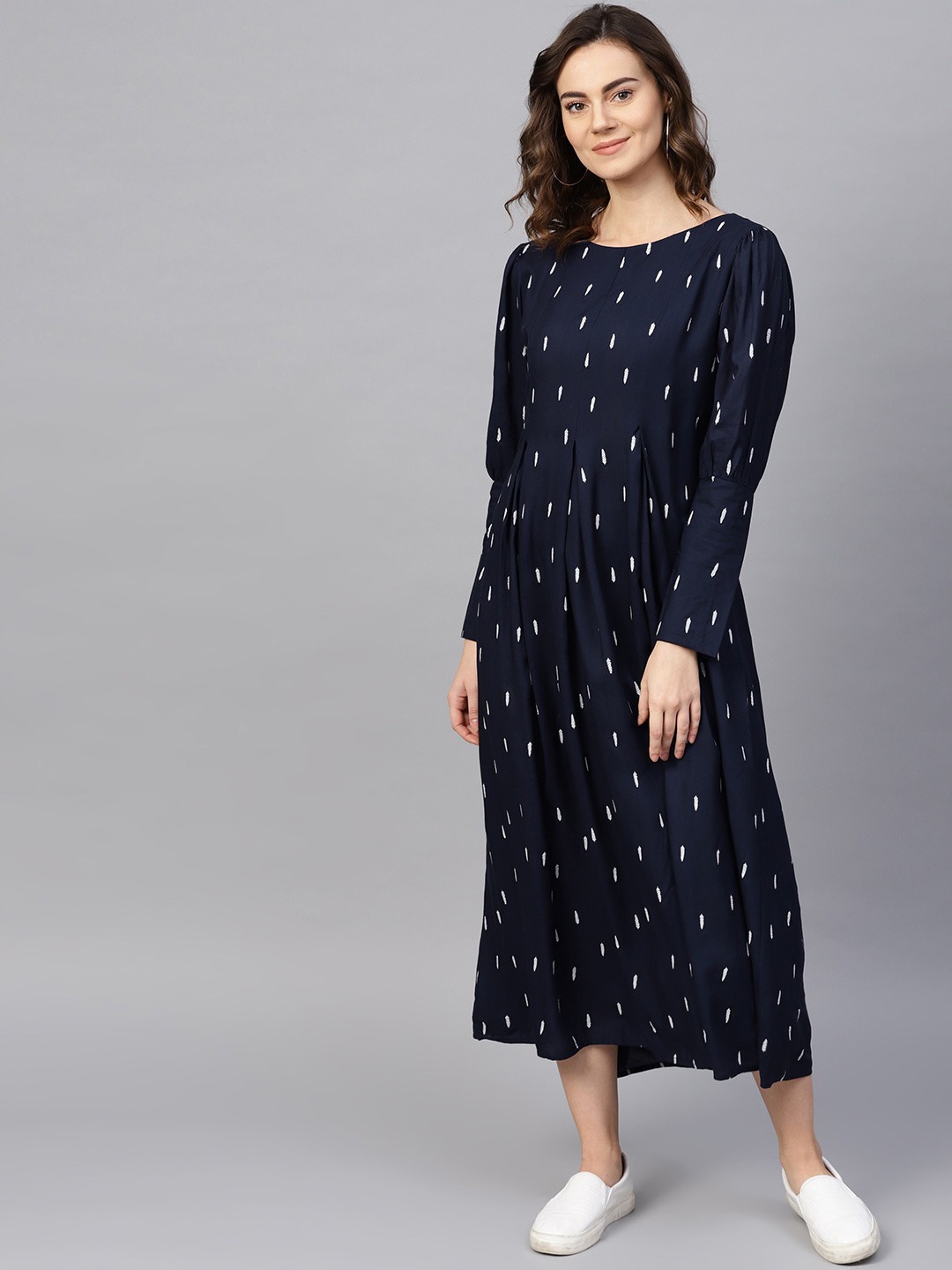 

RARE Navy Blue Conversational Printed Cuffed Sleeve A-Line Midi Dress