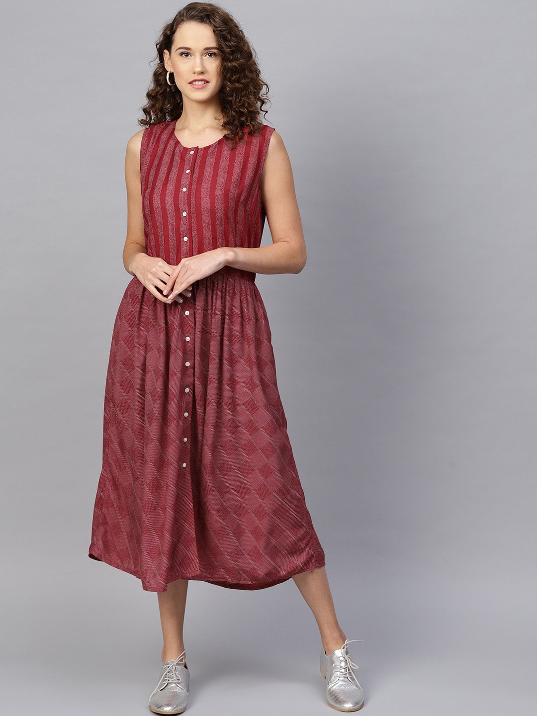 

RARE Maroon Striped Gathered A-Line Midi Dress