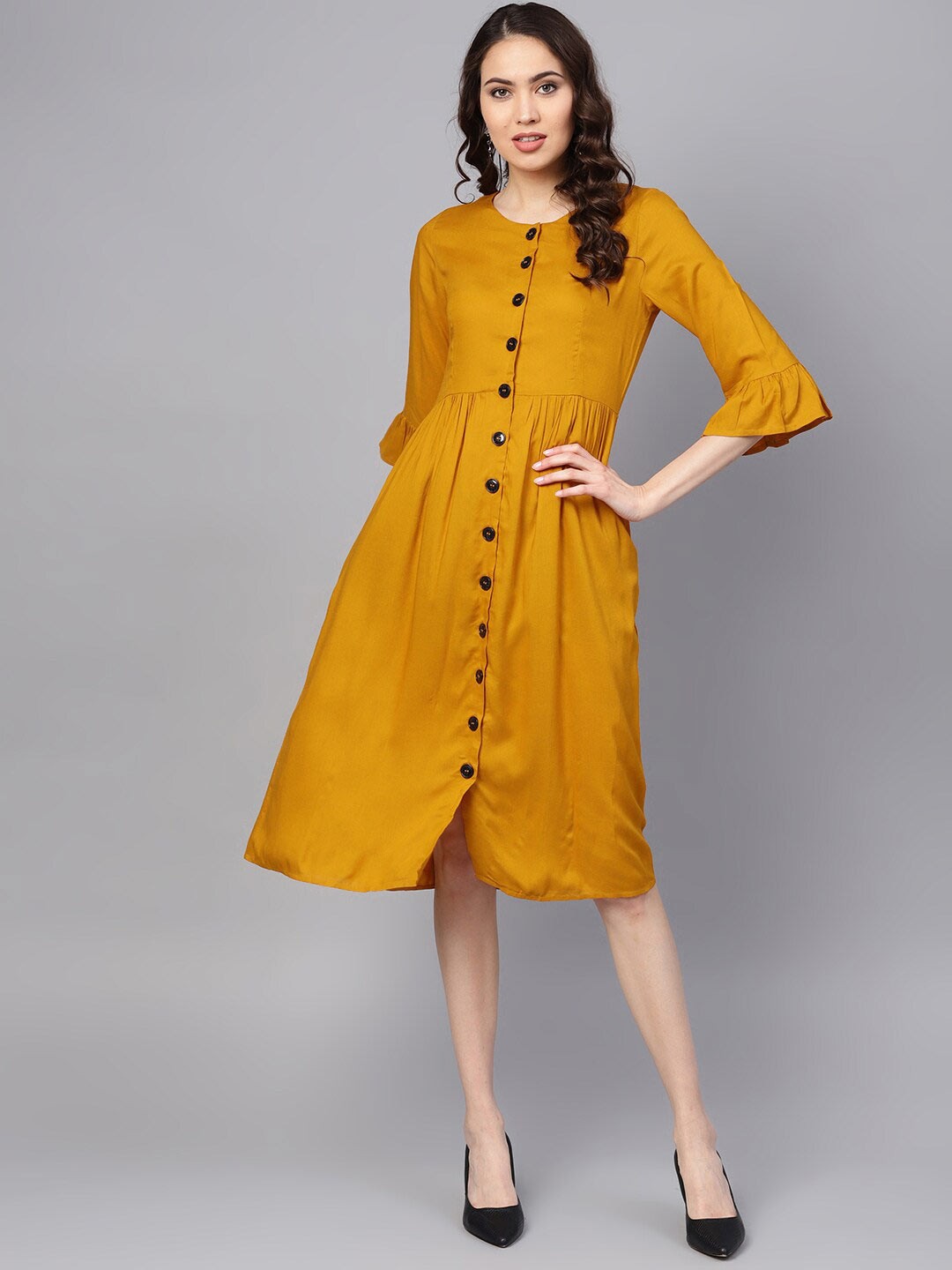 

RARE Mustard Bell Sleeve A-Line Dress