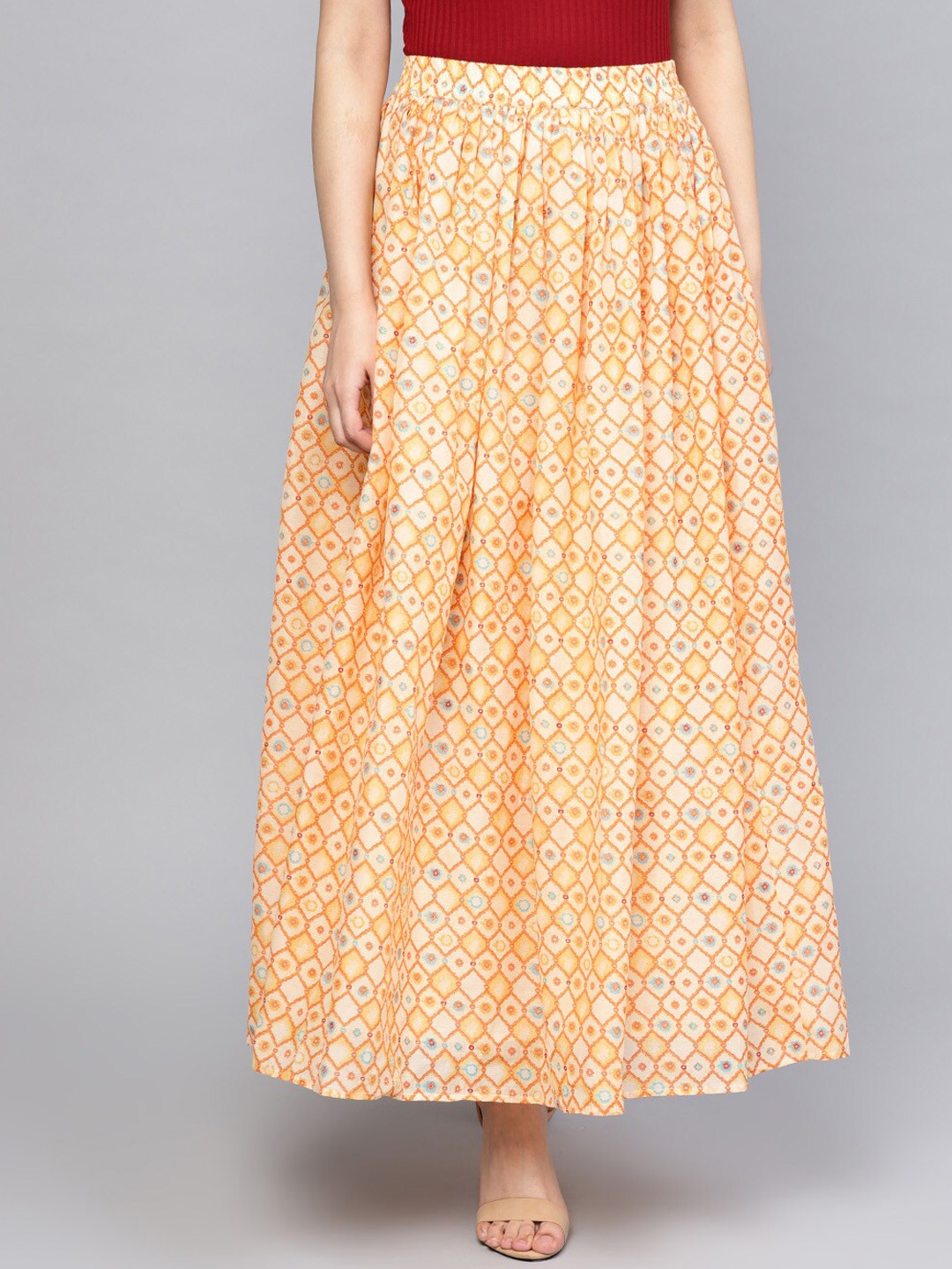 

RARE Peach-Coloured & Beige Printed Flared Maxi Skirt