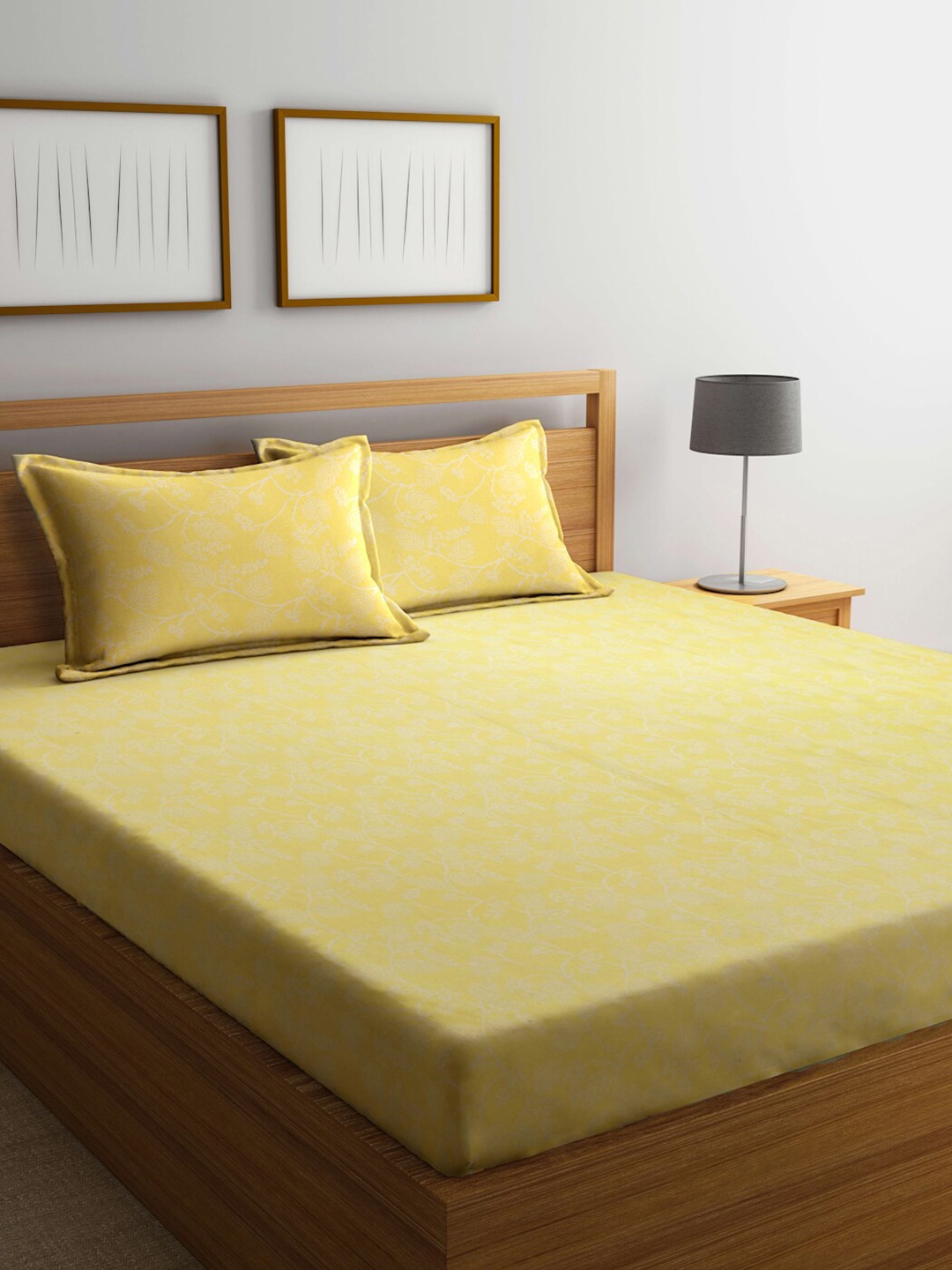 

FABINALIV Yellow & White Floral 350 TC Cotton King Bedsheet & 2 Pillow Covers