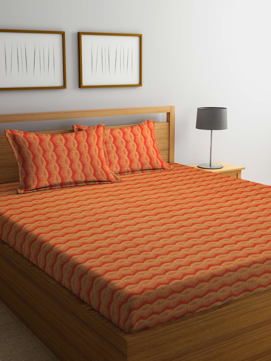 

FABINALIV Orange & Red Abstract Design 350 TC Cotton King Size Bedsheet & 2 Pillow Covers