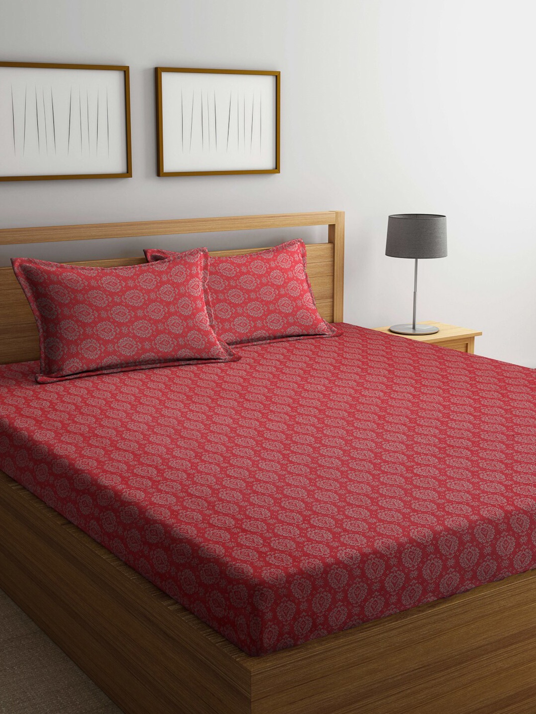

FABINALIV Red & Grey Woven Design 350 TC Cotton King Bedsheet & 2 Pillow Covers